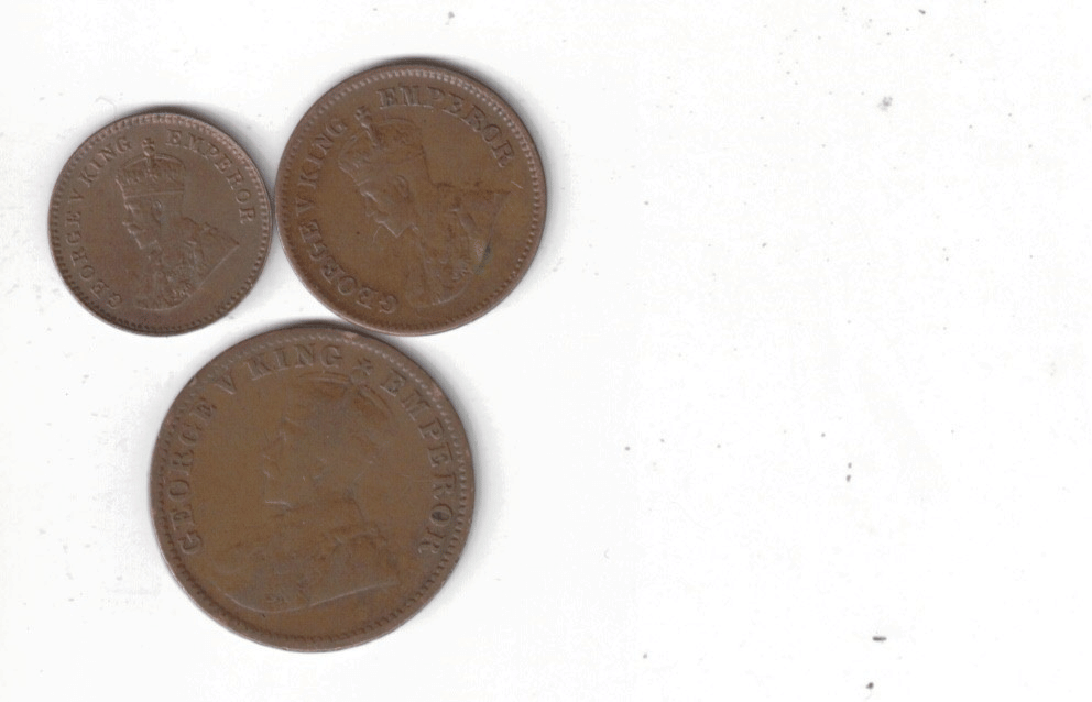     			3 PCS SET KING GEORGE V 1/12 ANNA 1/2 PICE AND ONE QUARTER AANA USED MIX YEAR MIX MINT SEE PHOTO