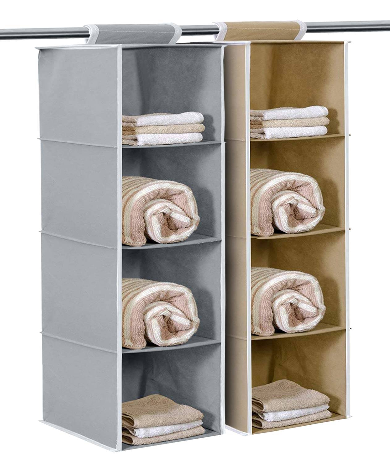     			4 Shelf Closet Hanging Organizer,Wardrobe Organizer Clothes Storage Hanger for Family Closet Bedroom, Foldable and Universal Fit (Beige / Grey) Pack Of 2