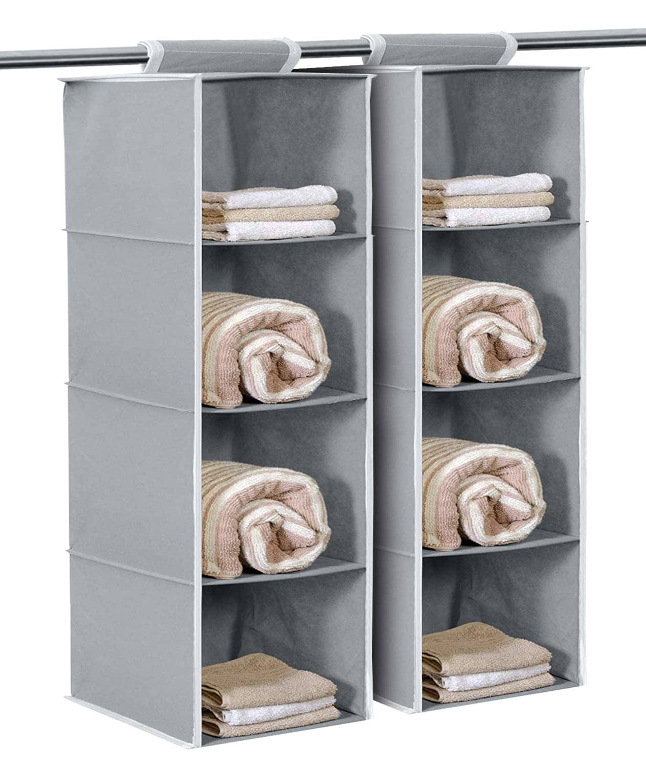 4 Shelf Closet Hanging Organizer,Wardrobe Organizer Clothes Storage Hanger for Family Closet Bedroom, Foldable and Universal Fit (Grey) Pack OF 2