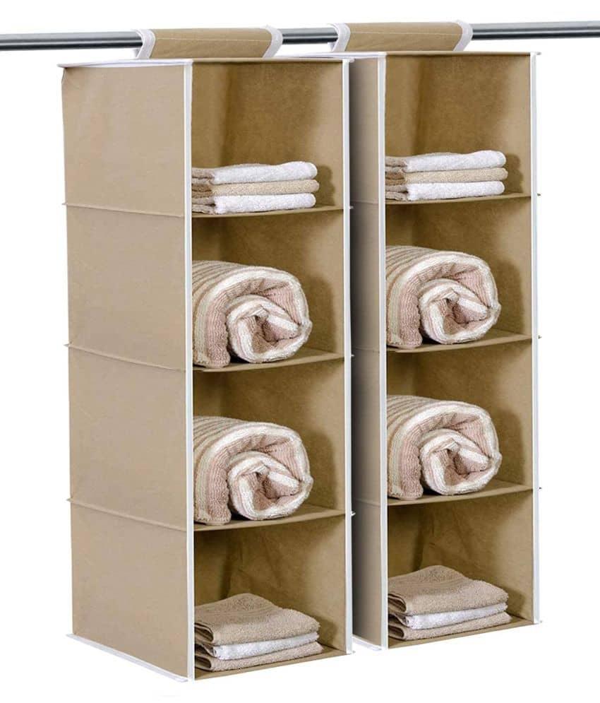 4 Shelf Closet Hanging Organizer,Wardrobe Organizer Clothes Storage Hanger for Family Closet Bedroom, Foldable and Universal Fit (Beige) Pack OF 2