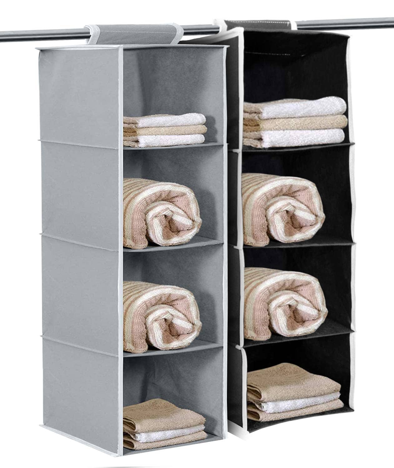 4 Shelf Closet Hanging Organizer,Wardrobe Organizer Clothes Storage Hanger for Family Closet Bedroom, Foldable and Universal Fit (Greu / Black) Packm Of 2