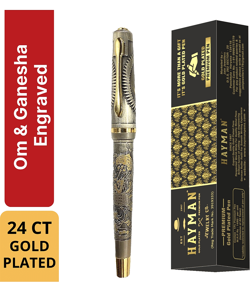Hayman 24 CT Gold Plated Ganesha & Om Engraved Roller Ball Pen with Gift Box (Pen-189) - Stationery | Buy online on ZillyBuy