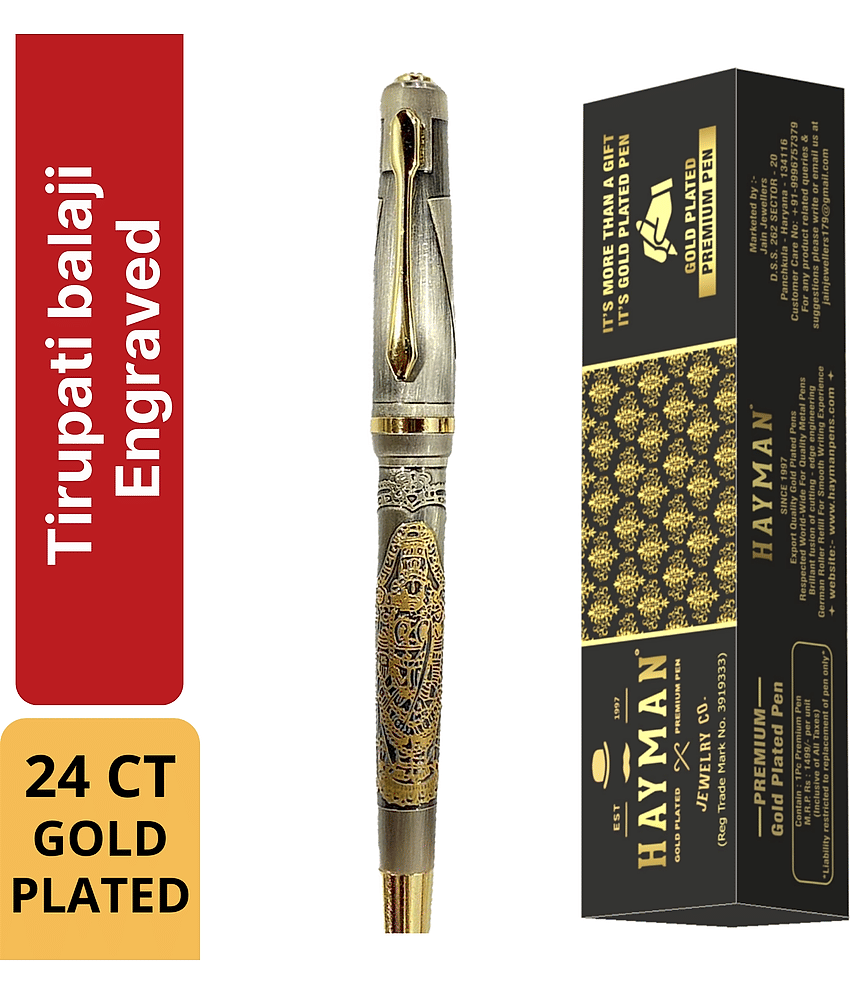 Hayman 24 CT Gold Plated Tirupati Balaji Engraved Roller Ball Pen with Gift Box (Pen-188) - Stationery | Buy online on ZillyBuy