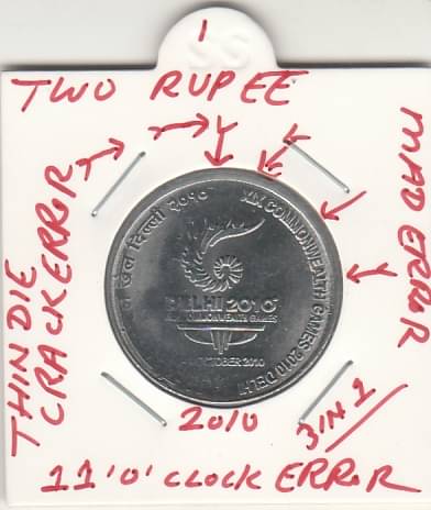     			NUMISMATTECLY  RARE AND COLLECTIBLE -TWO R.S COMMOMORATIVE  C01N- COMMONWELTH  GAME-2010 DELHI-HEDRABAD [*]MINT- METAL -STEEL,WITH VERY THIN DIE CRACK AND 11 ''O''CLOCK ANDMAD  3 IN 1 ERROR  ,