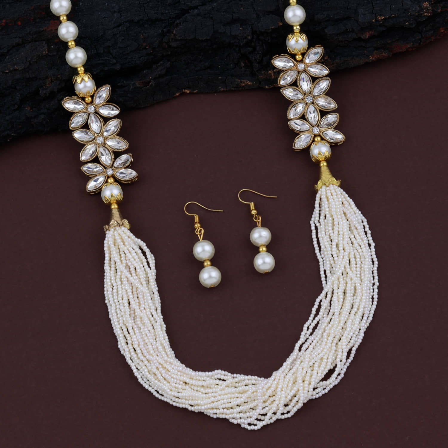ShreejiHuf Alloy White Traditional Necklaces Set Long Haram