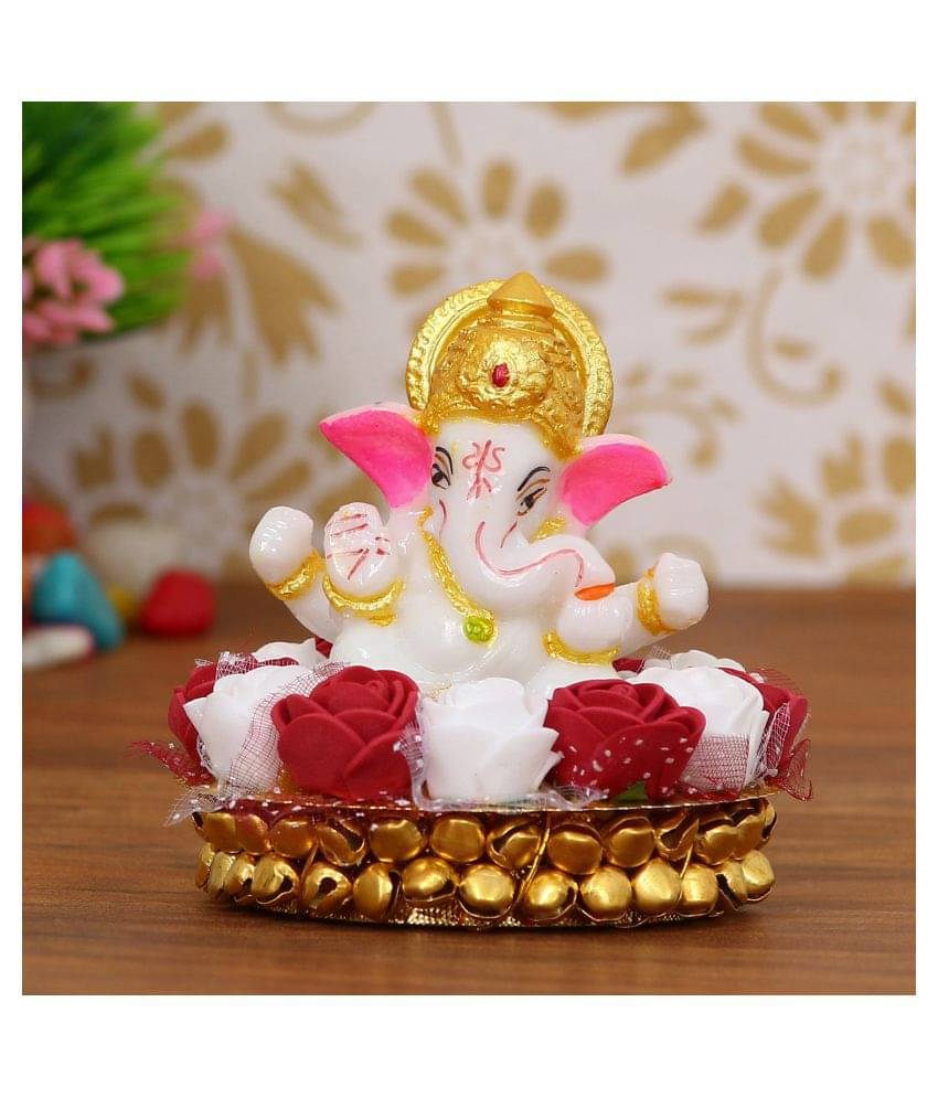     			eCraftIndia White & Gold-Toned Handcrafted Lord Ganesha Idol on Decorated Plate