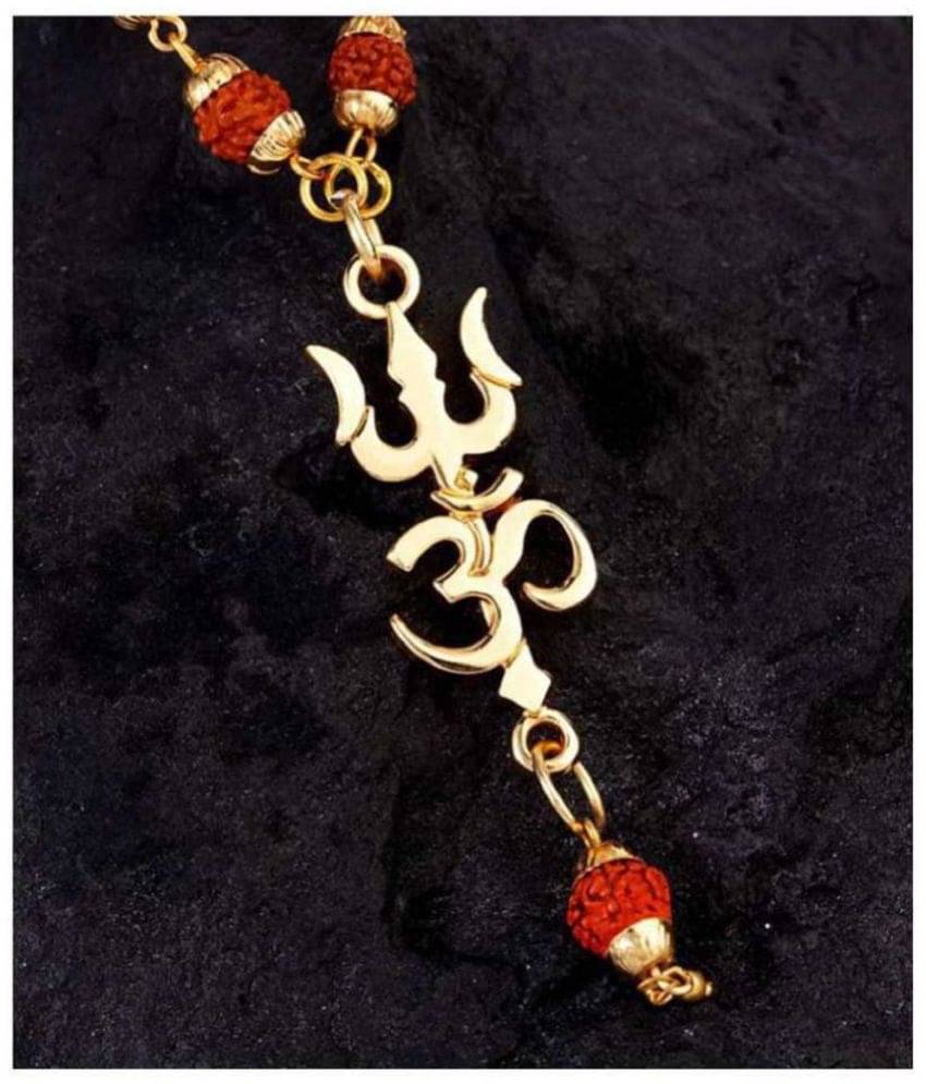 Amriteous  Religious Jewelry Lord Shiv Trishul Om With Puchmukhi Rudraksha Mala Gold-plated Plated Wood Chain Gold-plated Brass, Wood     			Amriteous  Religious Jewelry Lord Shiv Trishul Om With Puchmukhi Rudraksha Mala Gold-plated Plated Wood Chain Gold-plated Brass, Wood