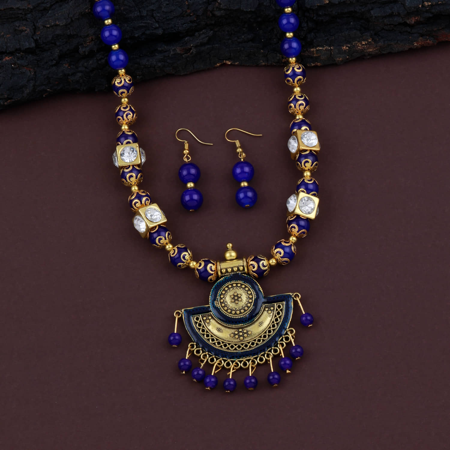 ShreejiHuf Alloy Blue Traditional Necklaces Set Long Haram