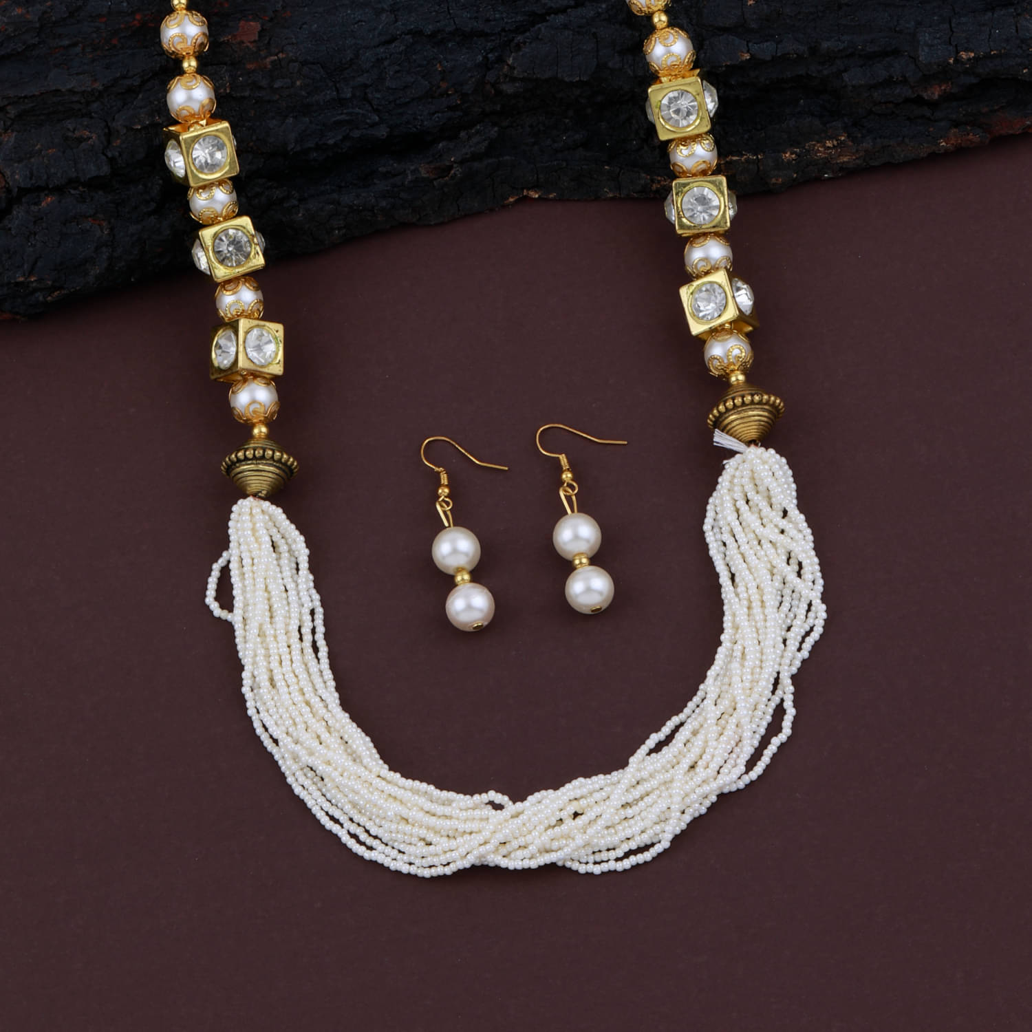     			ShreejiHuf Alloy White Traditional Necklaces Set Long Haram