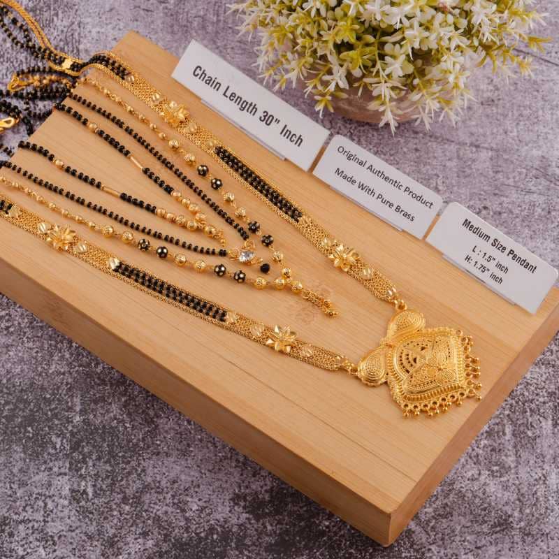 MGSV Jewellery Combo of 4 Pcs Ethnic Traditional One Gram Gold Glorious Maharashtrian Style Long Chain Black Beads 30 inch and 18 inch Short