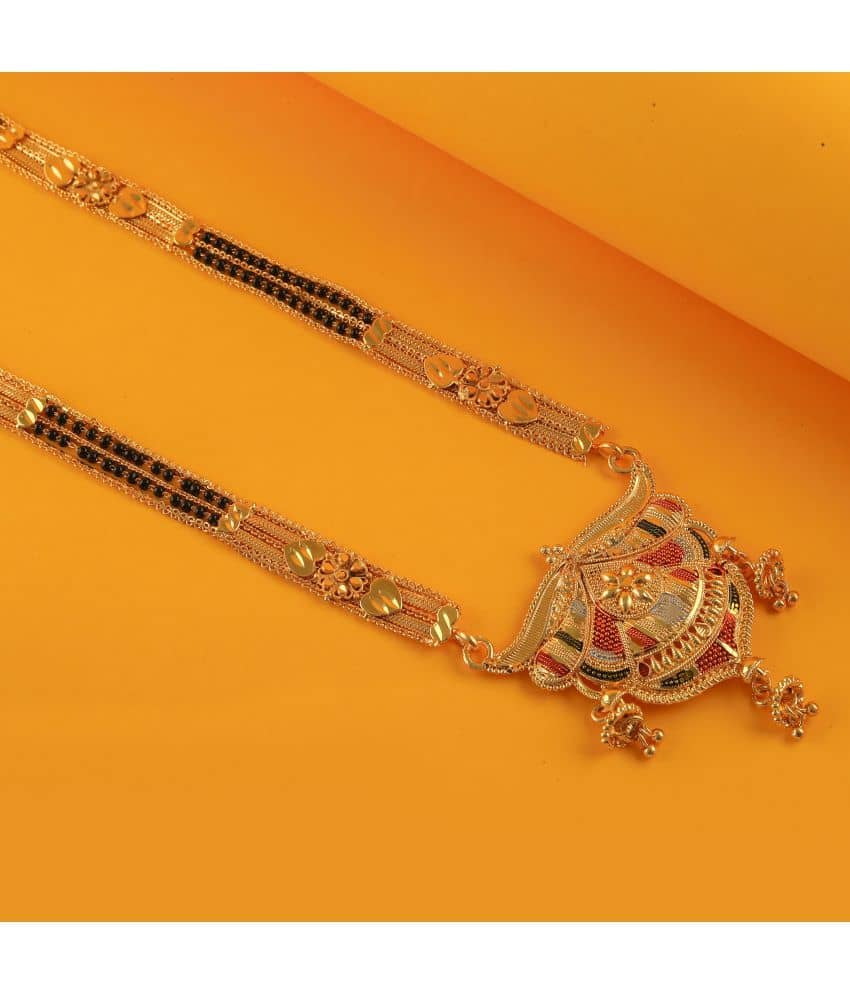 Aleafa Traditional Gold Plated Mangalsutra Necklace & Earring Set - 30 Inch Long, Black Beads, Handcrafted Design - View #2