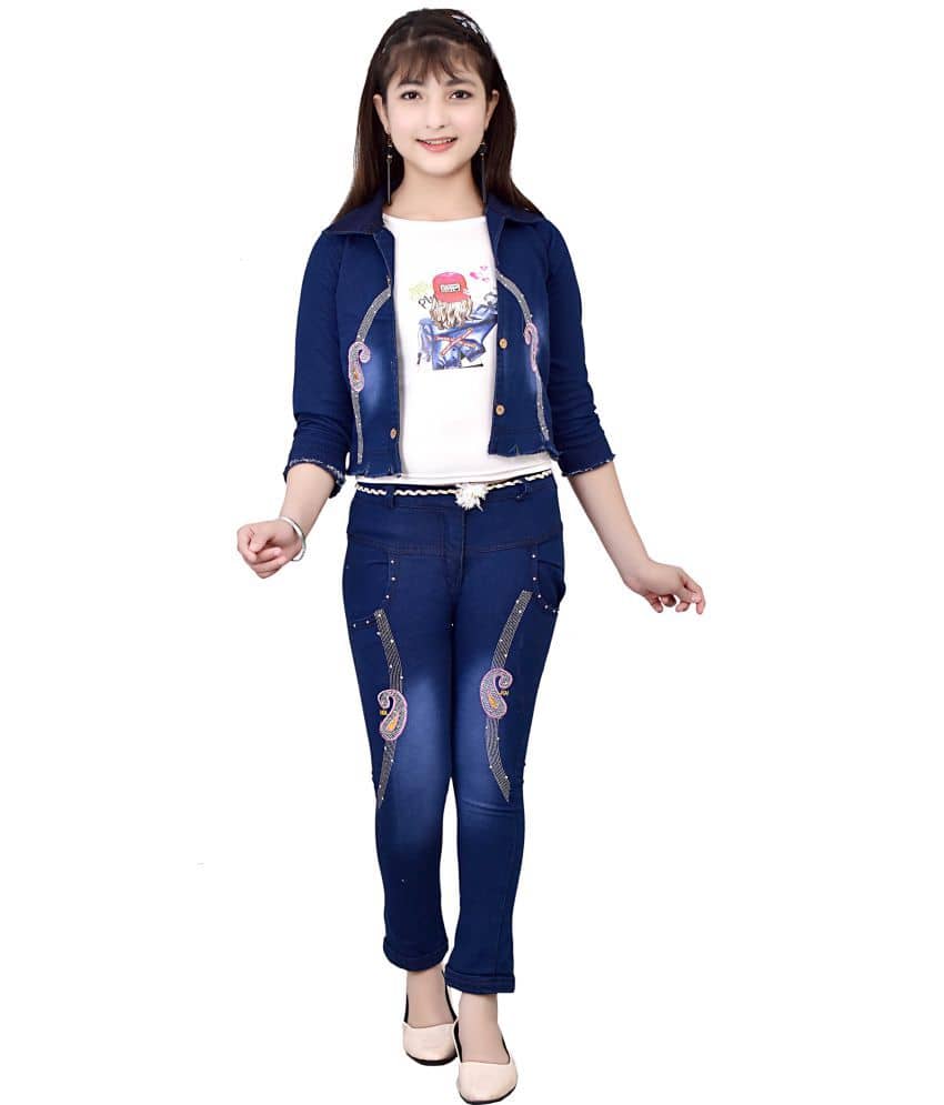 Cherry Tree Girls Denim T-shirt With Jeans ( Blue )
