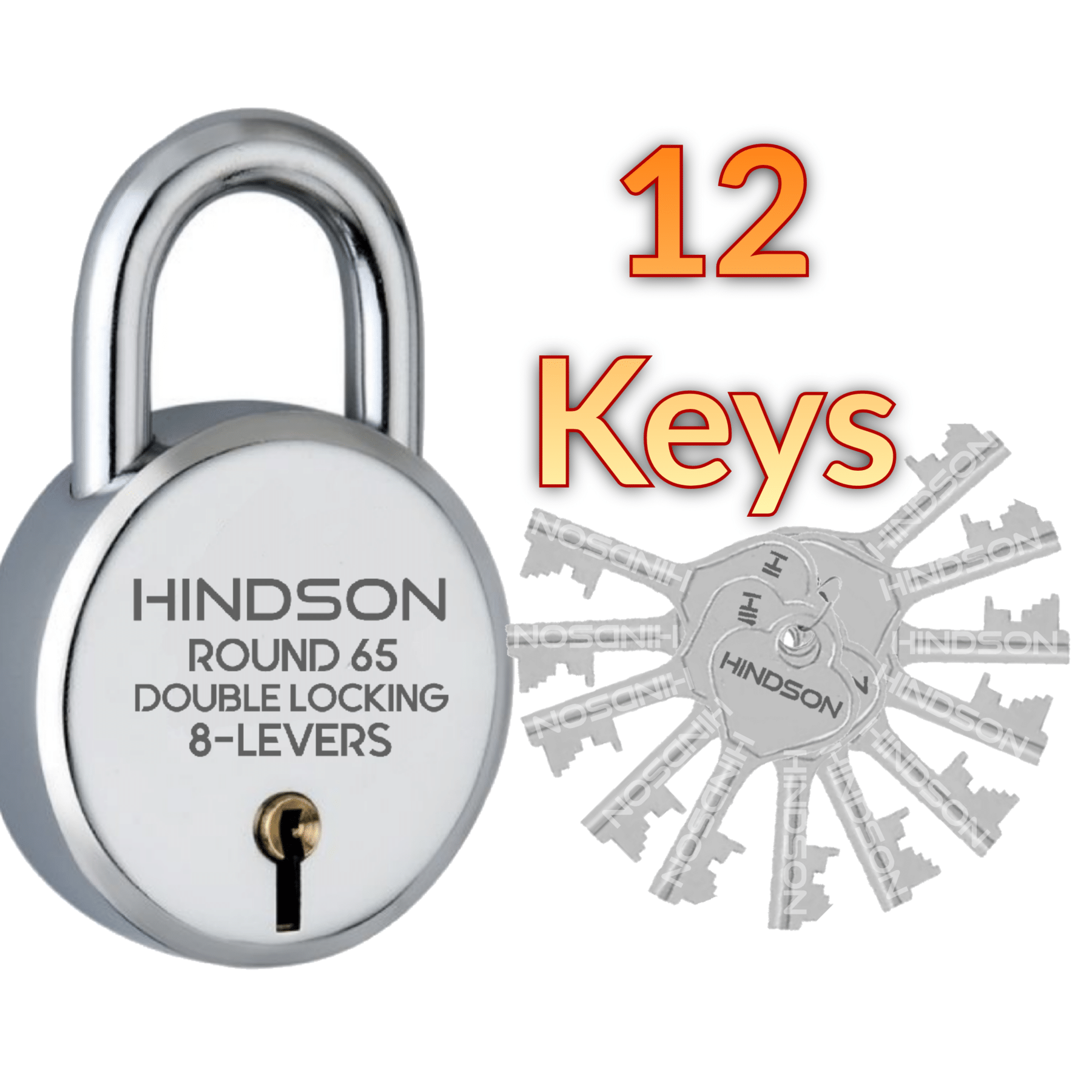     			HINDSON-Tools Hardware Round 65 Padlock/door lock with 12 Keys ,Link Steel Double Locking 8 Lever Silver