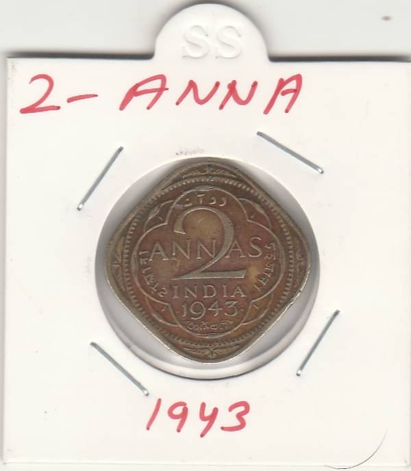     			NUMISMATTECLY  RARE AND COLLECTIBLE -TWO ANNAS INDIA . GEORGE-VITH KING EMPERROR METAL-BRASS ,YEAR-1943,-.IN  VERY FINE CONDITION HIGHLY COLLECTIBLE ,WIGHT-5.83- GRAMS-25.30-MM SIZE.