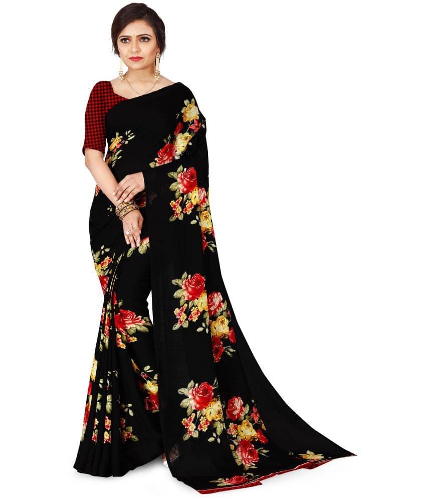     			Kashvi Sarees Georgette Printed Saree With Unstitched Blouse Piece ( Black )