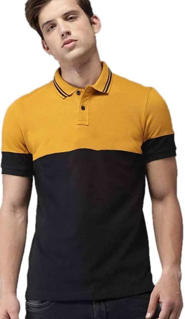 Leotude Pack of 1 Cotton Blend Regular Fit Colorblock Half Sleeves Men's Polo T Shirt ( Mustard )