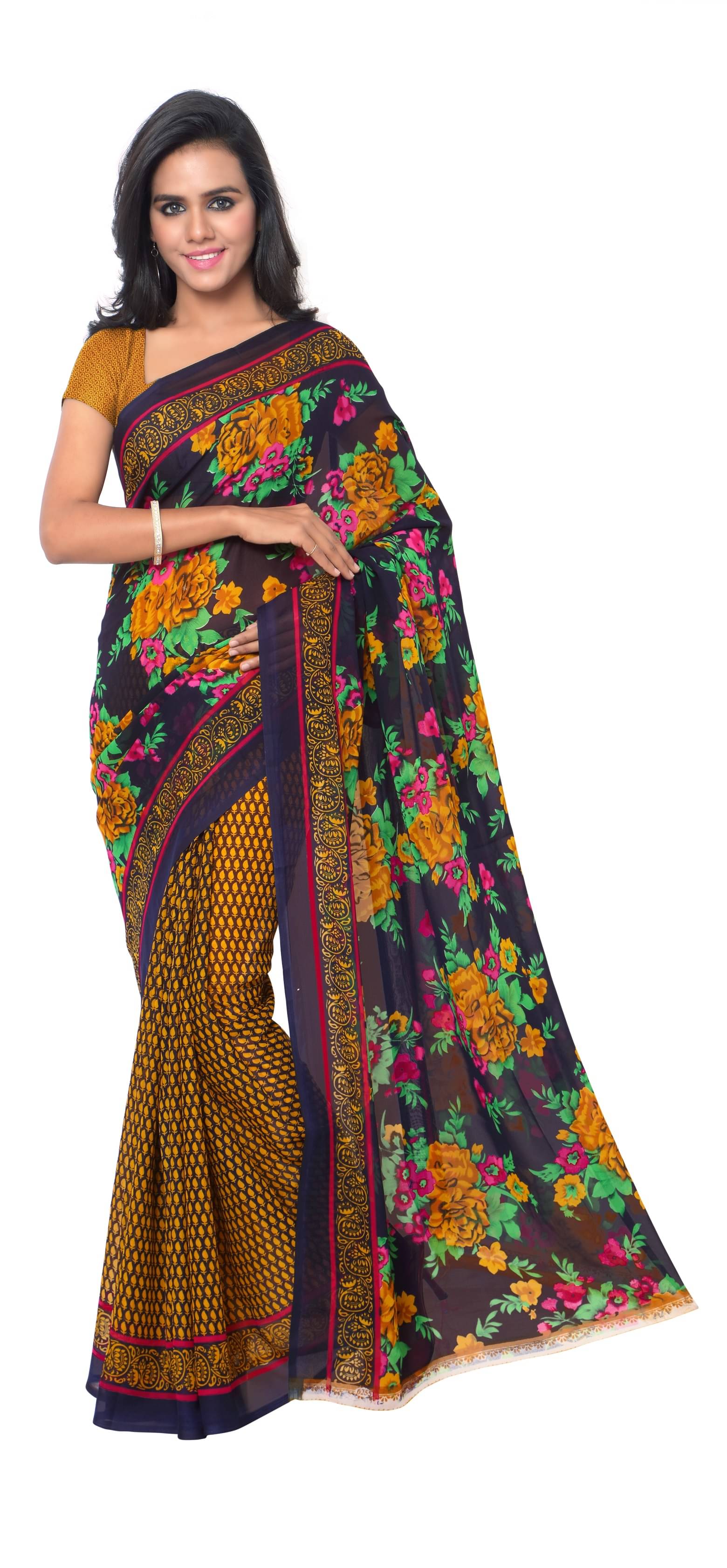 Kashvi Sarees Georgette Printed Saree With Unstitched Blouse Piece ( Mustard ) Kashvi Sarees Georgette Printed Saree With Unstitched Blouse Piece ( Mustard )