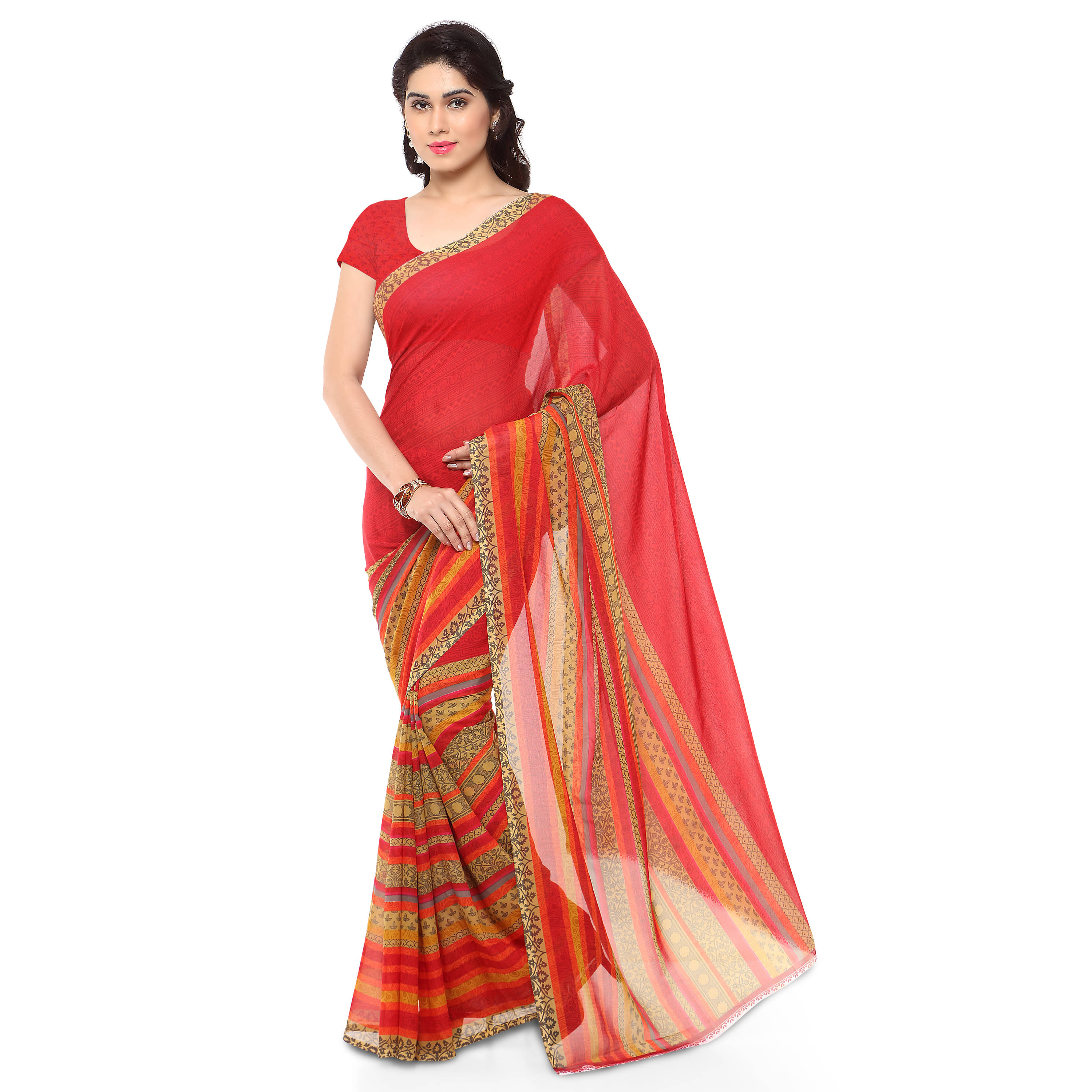 Kashvi Sarees Georgette Printed Saree With Unstitched Blouse Piece ( Red ) Kashvi Sarees Georgette Printed Saree With Unstitched Blouse Piece ( Red )