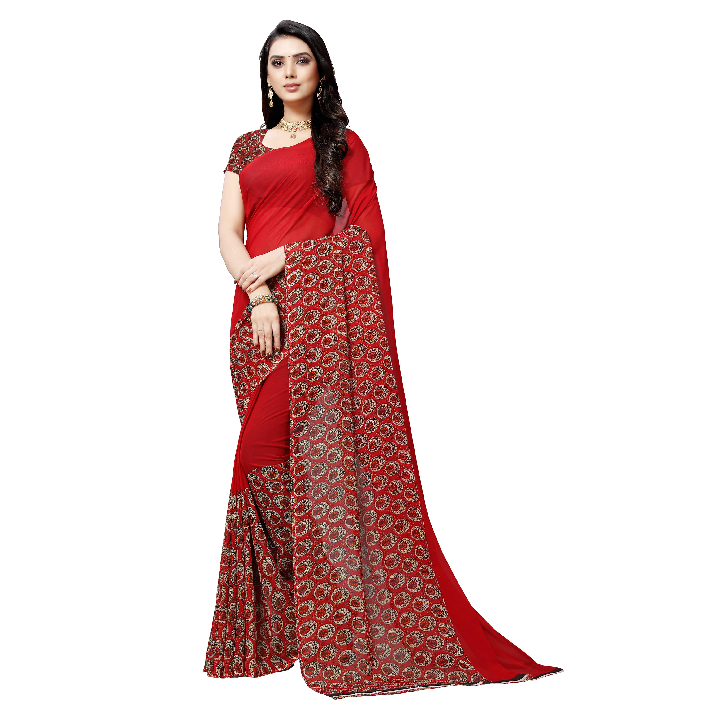 Kashvi Sarees Georgette Printed Saree With Unstitched Blouse Piece ( Red ) Kashvi Sarees Georgette Printed Saree With Unstitched Blouse Piece ( Red )