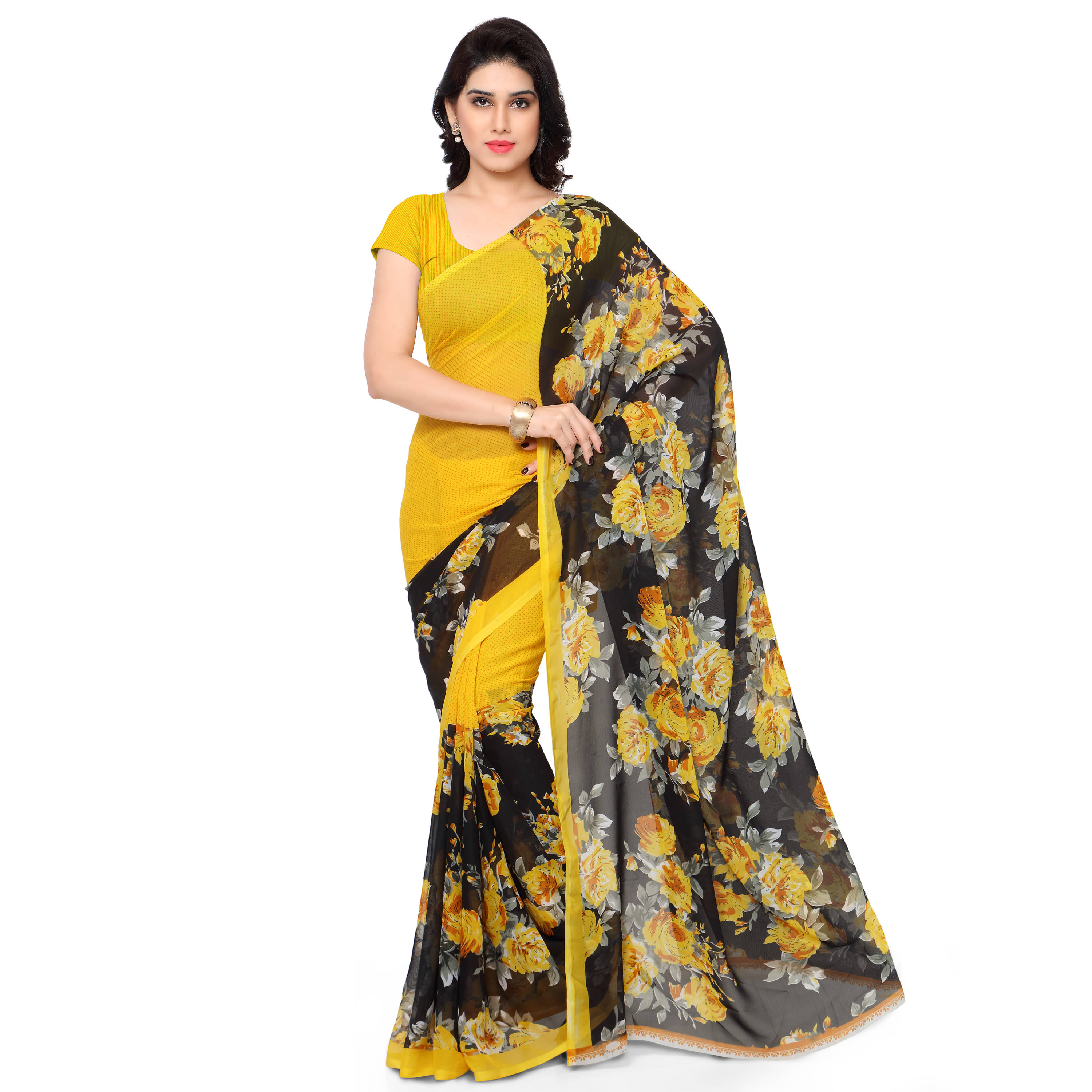 Kashvi Sarees Georgette Printed Saree With Unstitched Blouse Piece ( Yellow ) Kashvi Sarees Georgette Printed Saree With Unstitched Blouse Piece ( Yellow )