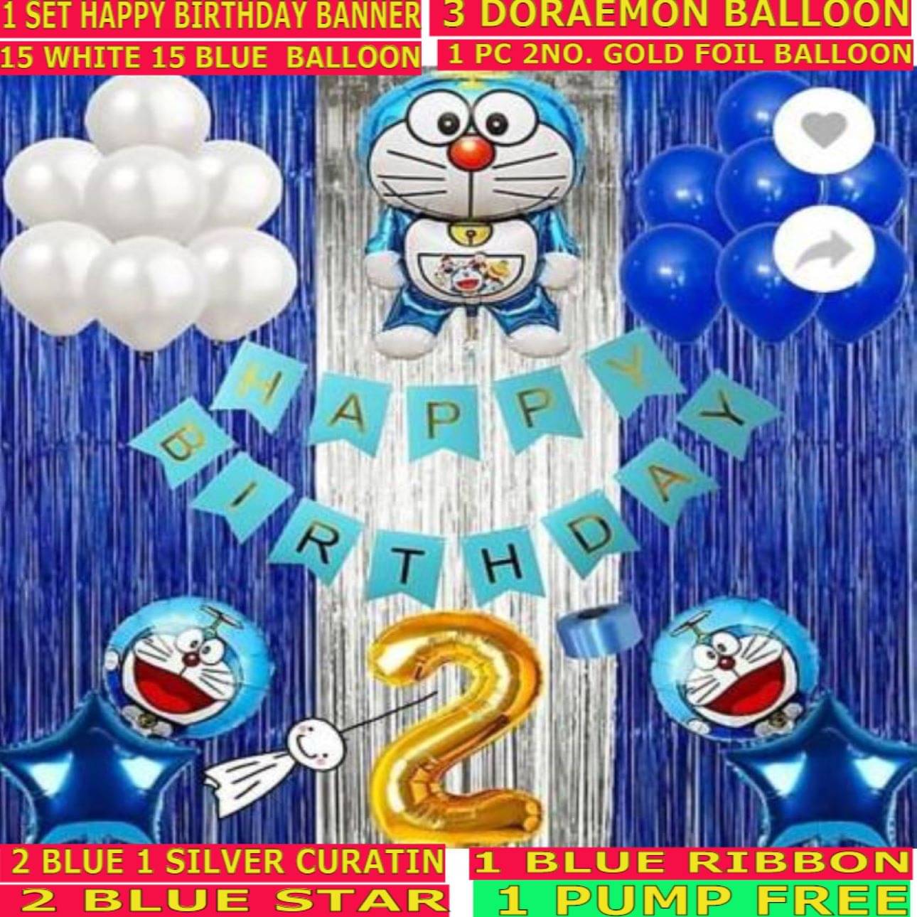     			KR baby boy & kids Happy birthday Doremon theme Combo Pack kit for party decorations pack (happy birthday banner 1 set 3 Doremon 3 curtain 2 blue star 1 ribbon 30 blue white 2 no golden) pack 41 Letter Balloon (Blue, White, Pack of 41)