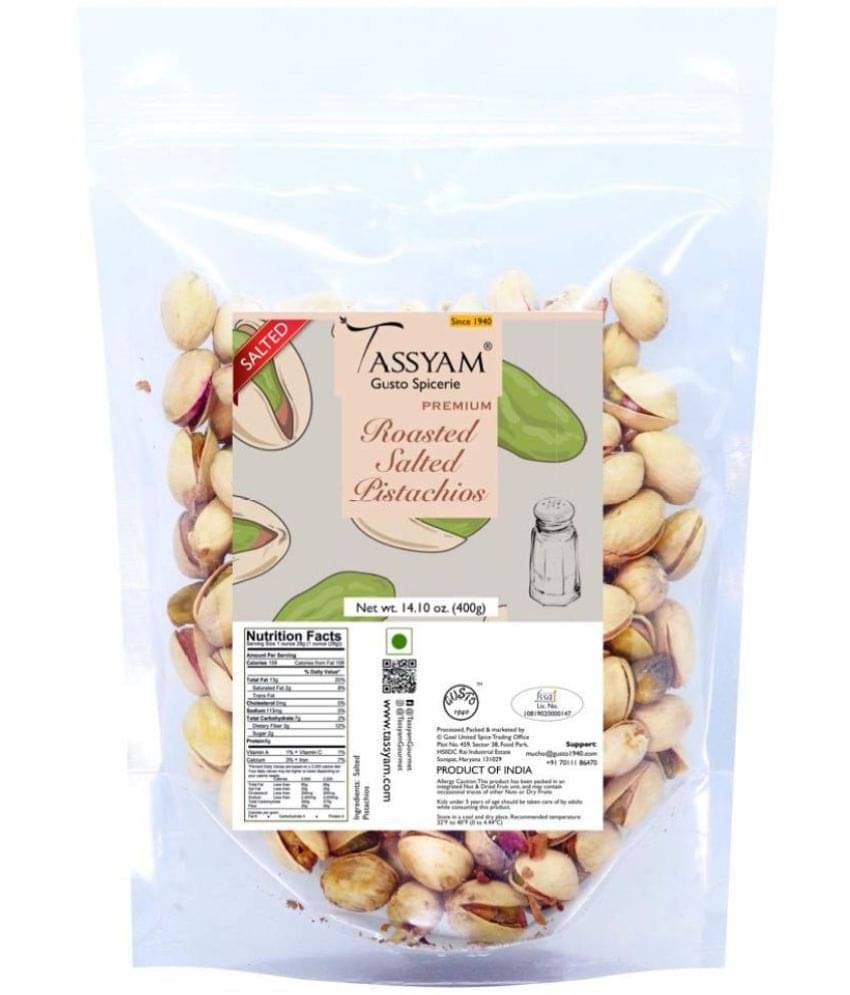 Tassyam Premium Roasted Salted Pistachios 400g Namkeen Pista | Healthy Dry Fruits Pouch     			Tassyam Premium Roasted Salted Pistachios 400g Namkeen Pista | Healthy Dry Fruits Pouch