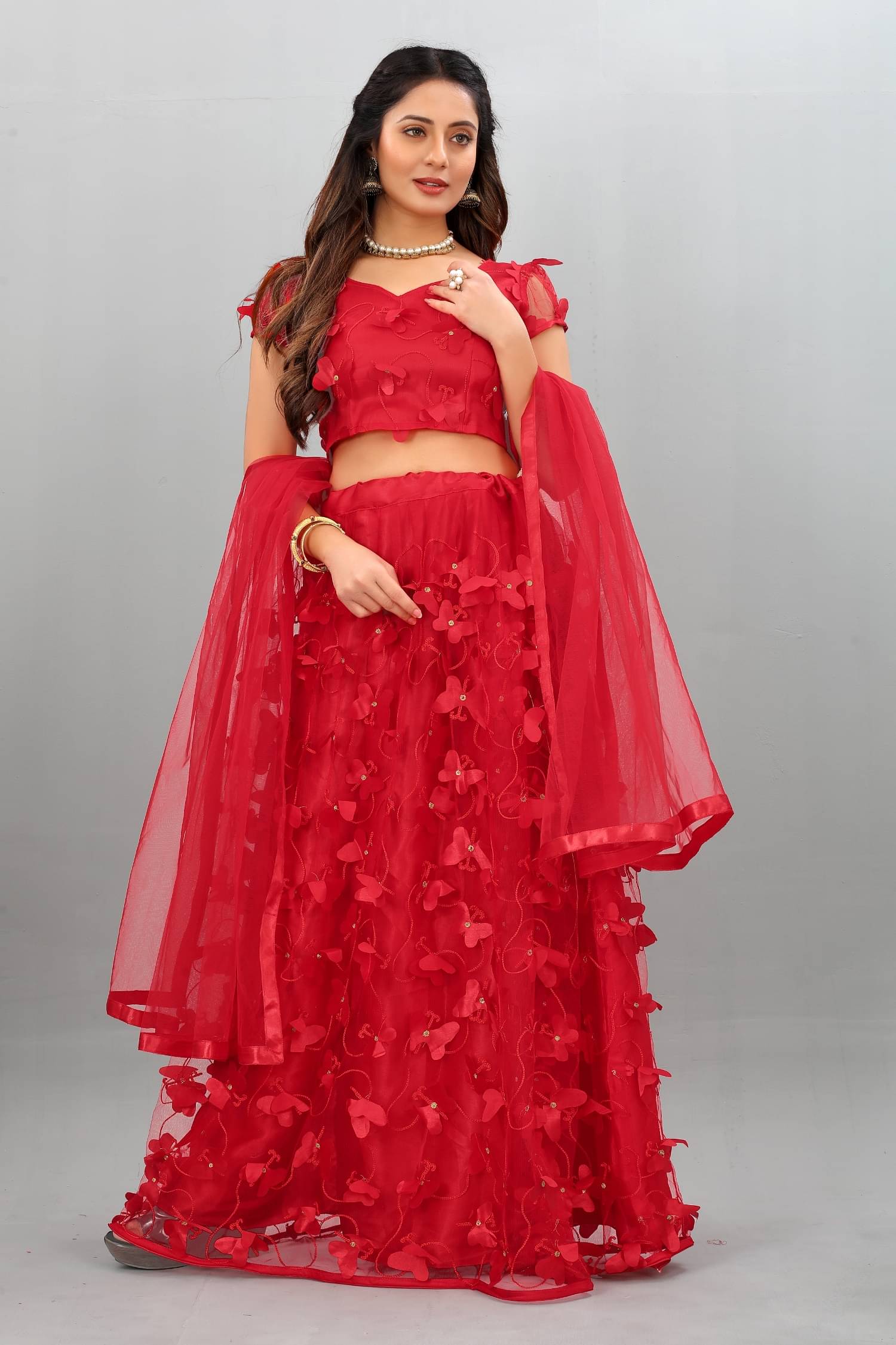     			Aika Red Net Chaniya Choli Semi Stitched Lehenga Single