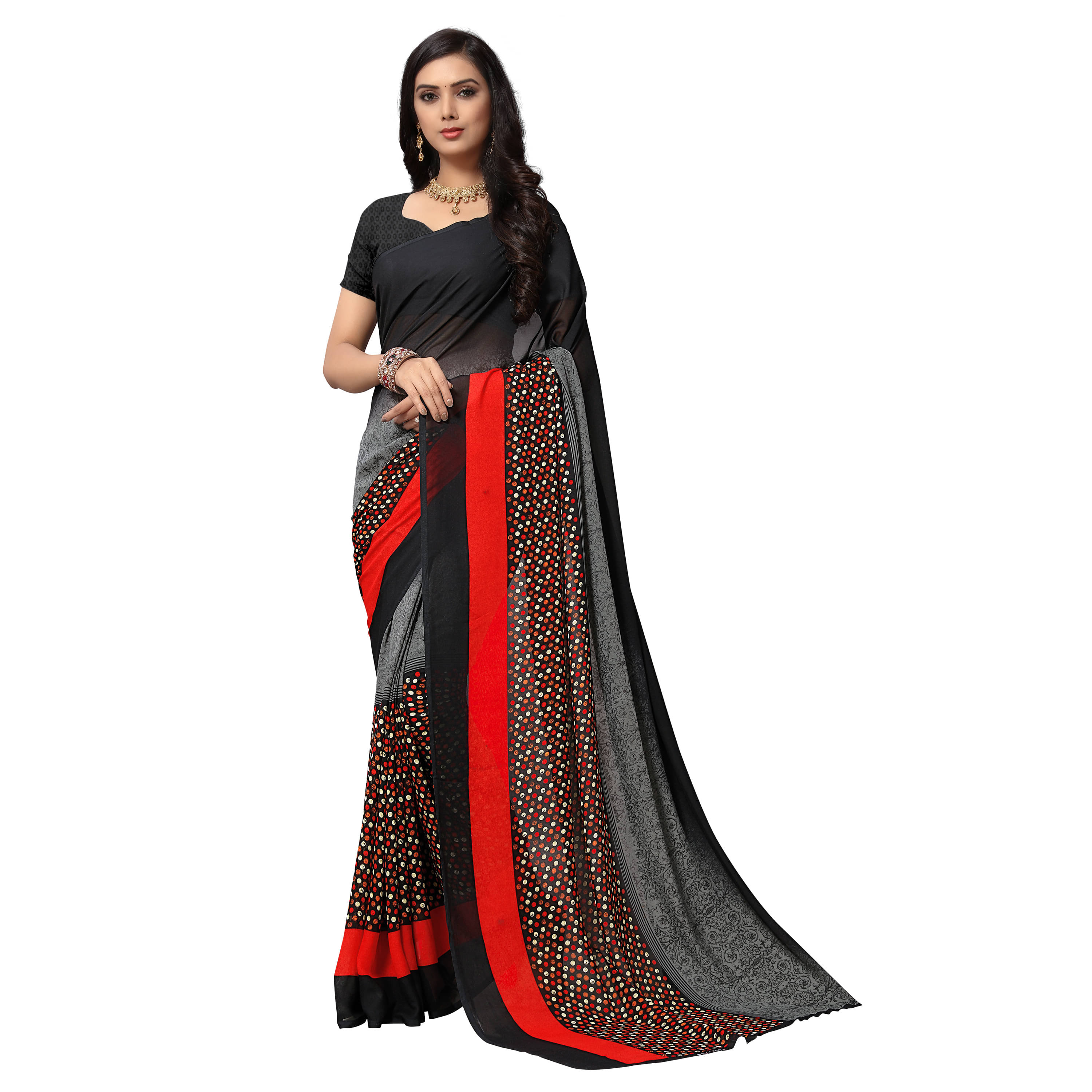    			Kashvi Sarees Georgette Printed Saree With Unstitched Blouse Piece ( Black )