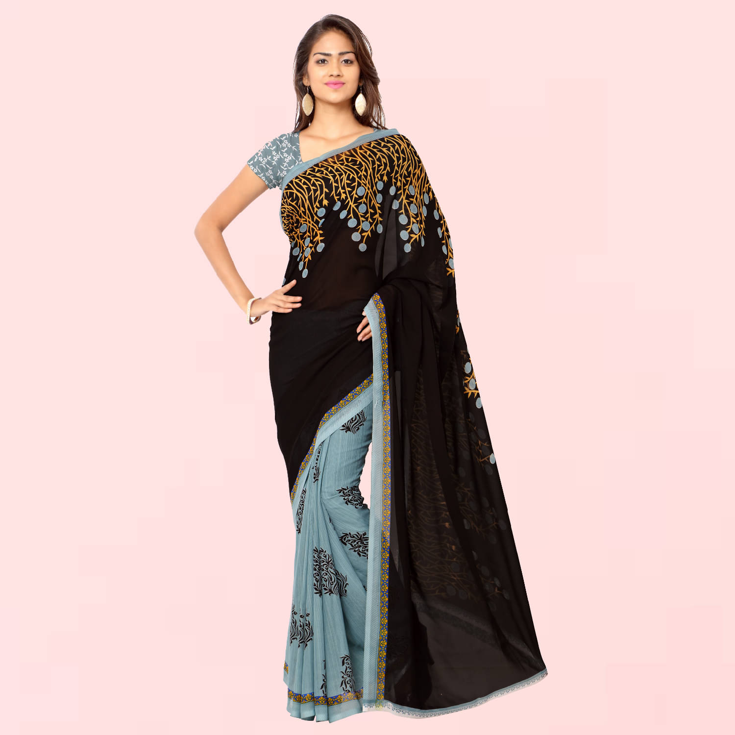     			Kashvi Sarees Georgette Printed Saree With Unstitched Blouse Piece ( Black )