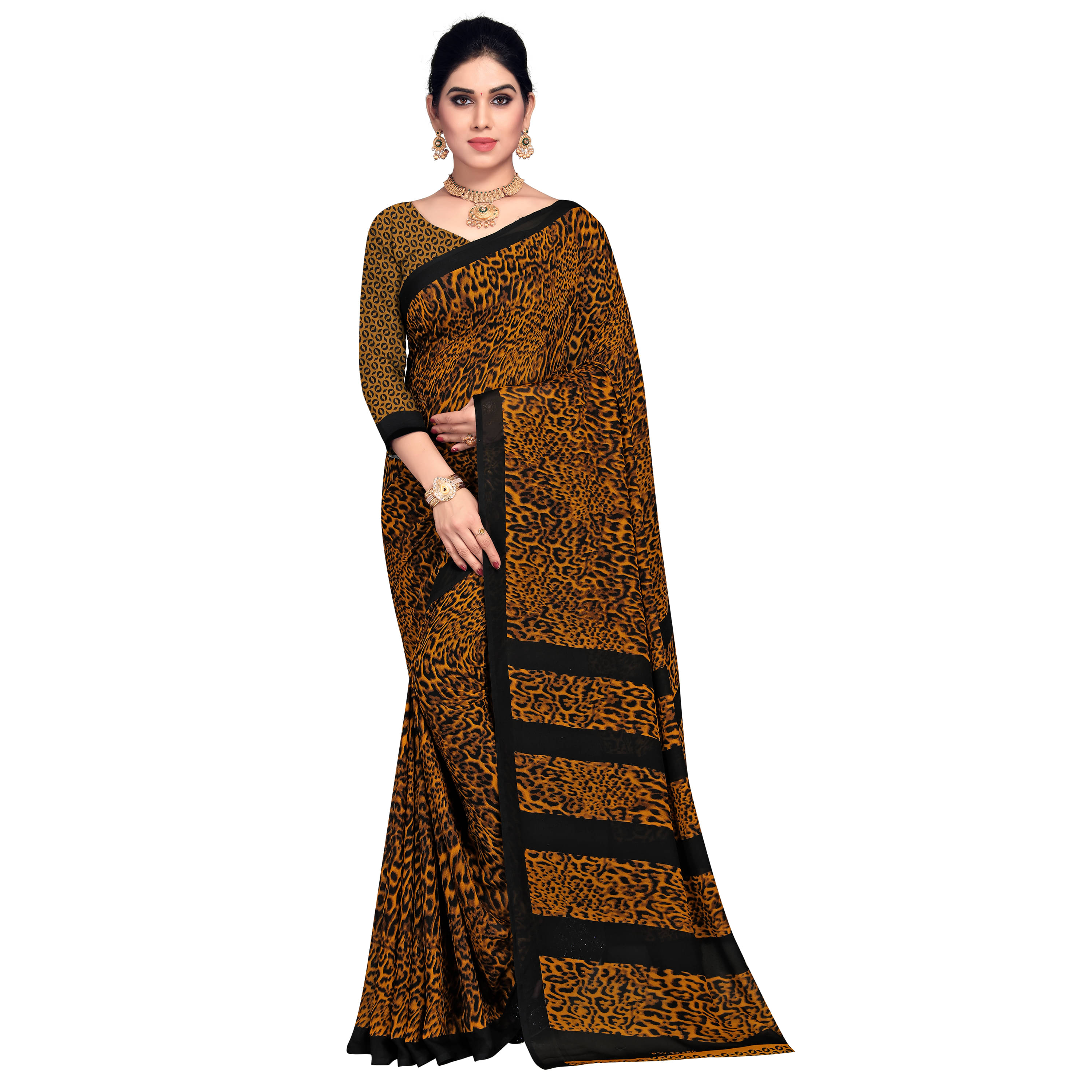     			Kashvi Sarees Georgette Printed Saree With Unstitched Blouse Piece ( Black )
