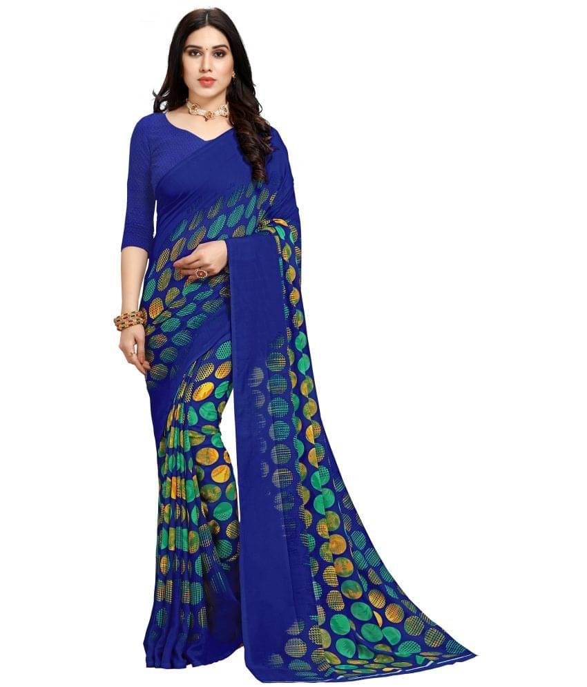     			Kashvi Sarees Georgette Printed Saree With Unstitched Blouse Piece ( Blue )