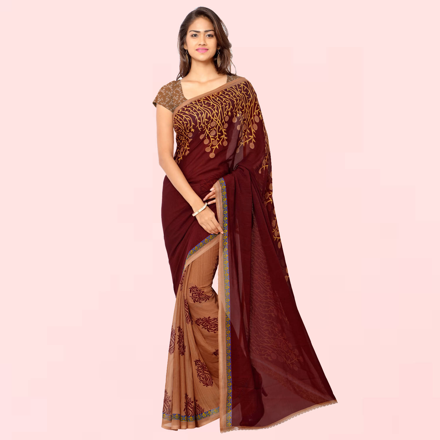 Kashvi Sarees Georgette Printed Saree With Unstitched Blouse Piece ( Brown ) Kashvi Sarees Georgette Printed Saree With Unstitched Blouse Piece ( Brown )