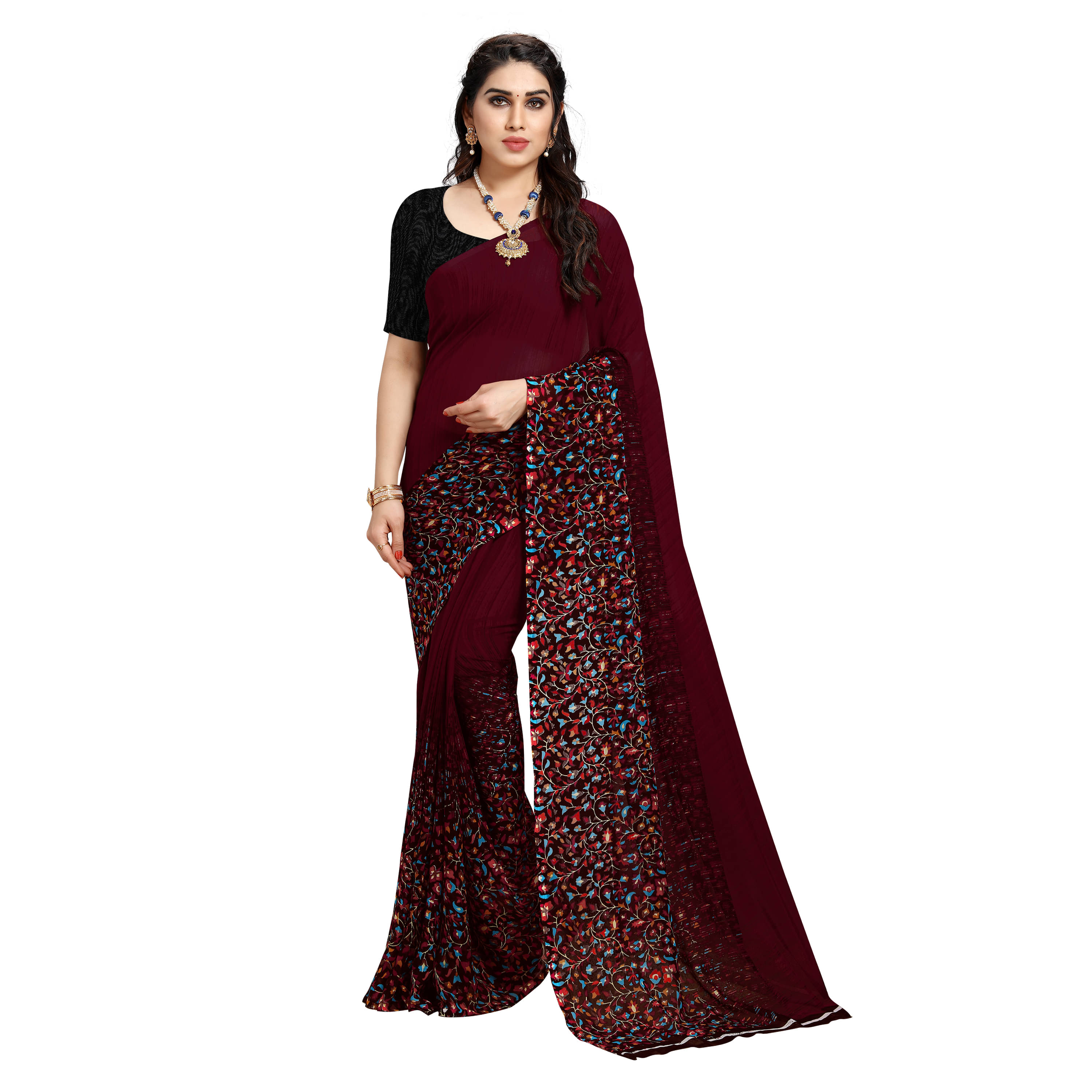     			Kashvi Sarees Georgette Printed Saree With Unstitched Blouse Piece ( Maroon )