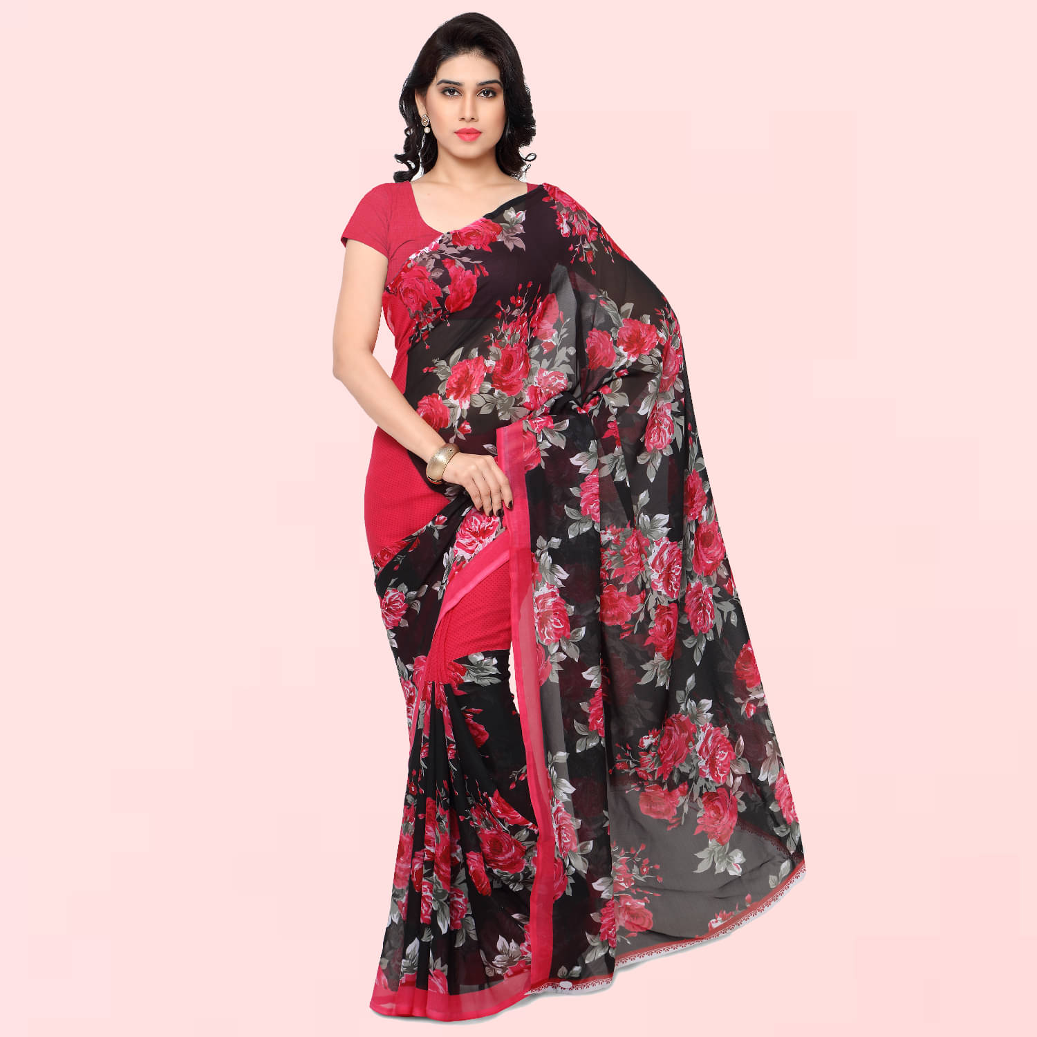     			Kashvi Sarees Georgette Printed Saree With Unstitched Blouse Piece ( Pink )