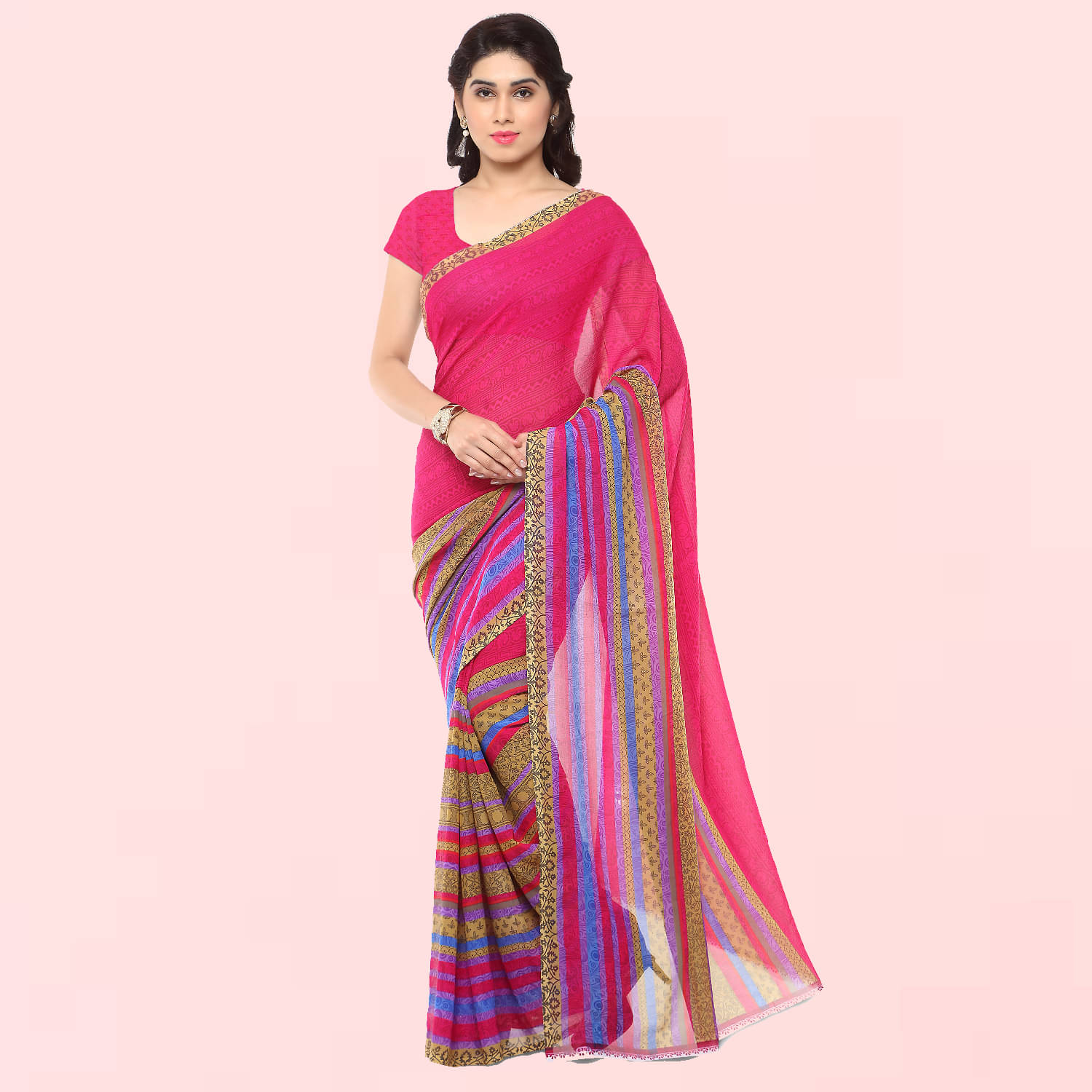     			Kashvi Sarees Georgette Printed Saree With Unstitched Blouse Piece ( Pink )