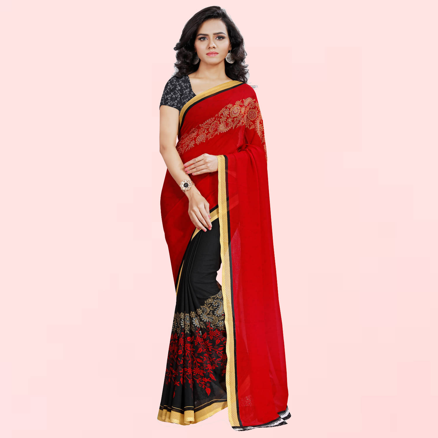 Kashvi Sarees Georgette Printed Saree With Unstitched Blouse Piece ( Red ) Kashvi Sarees Georgette Printed Saree With Unstitched Blouse Piece ( Red )