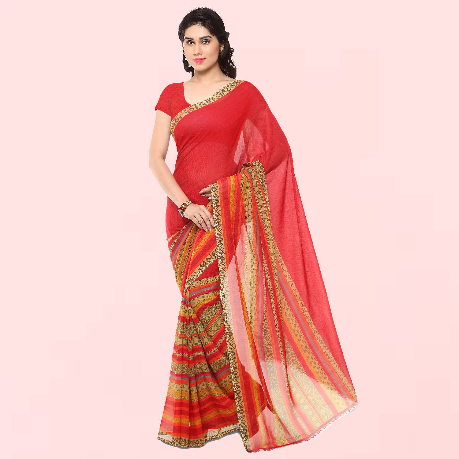 Kashvi Sarees Georgette Printed Saree With Unstitched Blouse Piece ( Red ) Kashvi Sarees Georgette Printed Saree With Unstitched Blouse Piece ( Red )