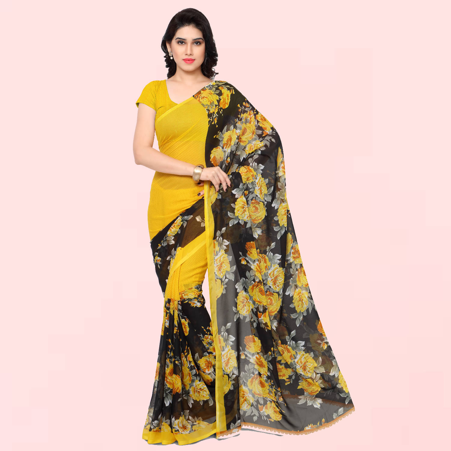     			Kashvi Sarees Georgette Printed Saree With Unstitched Blouse Piece ( Yellow )