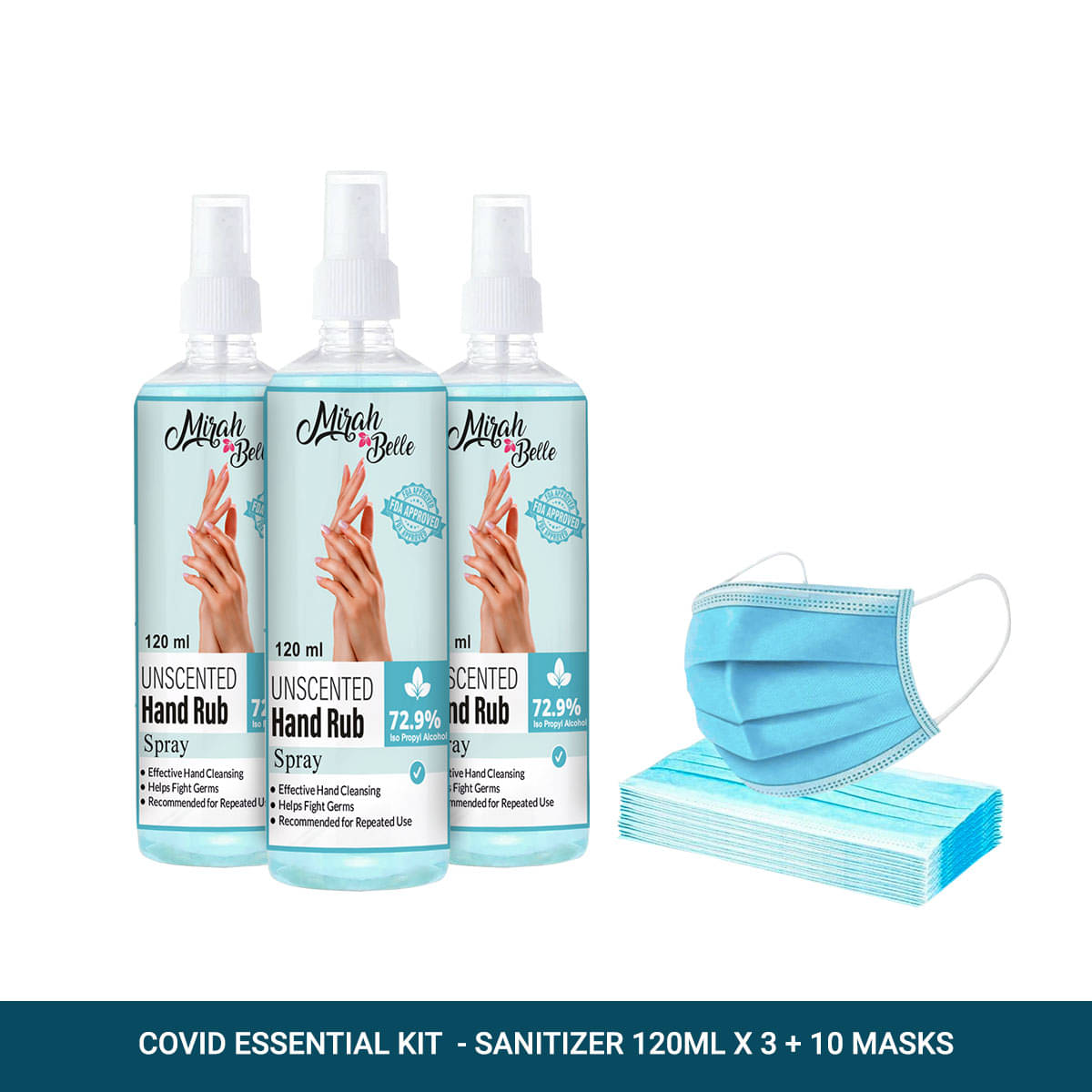 Mirah Belle Unscented Hand Rub Spray 120ml(Pack of 3) + 10 masks Sanitizers 360 mL Pack of 4 Mirah Belle Unscented Hand Rub Spray 120ml(Pack of 3) + 10 masks Sanitizers 360 mL Pack of 4