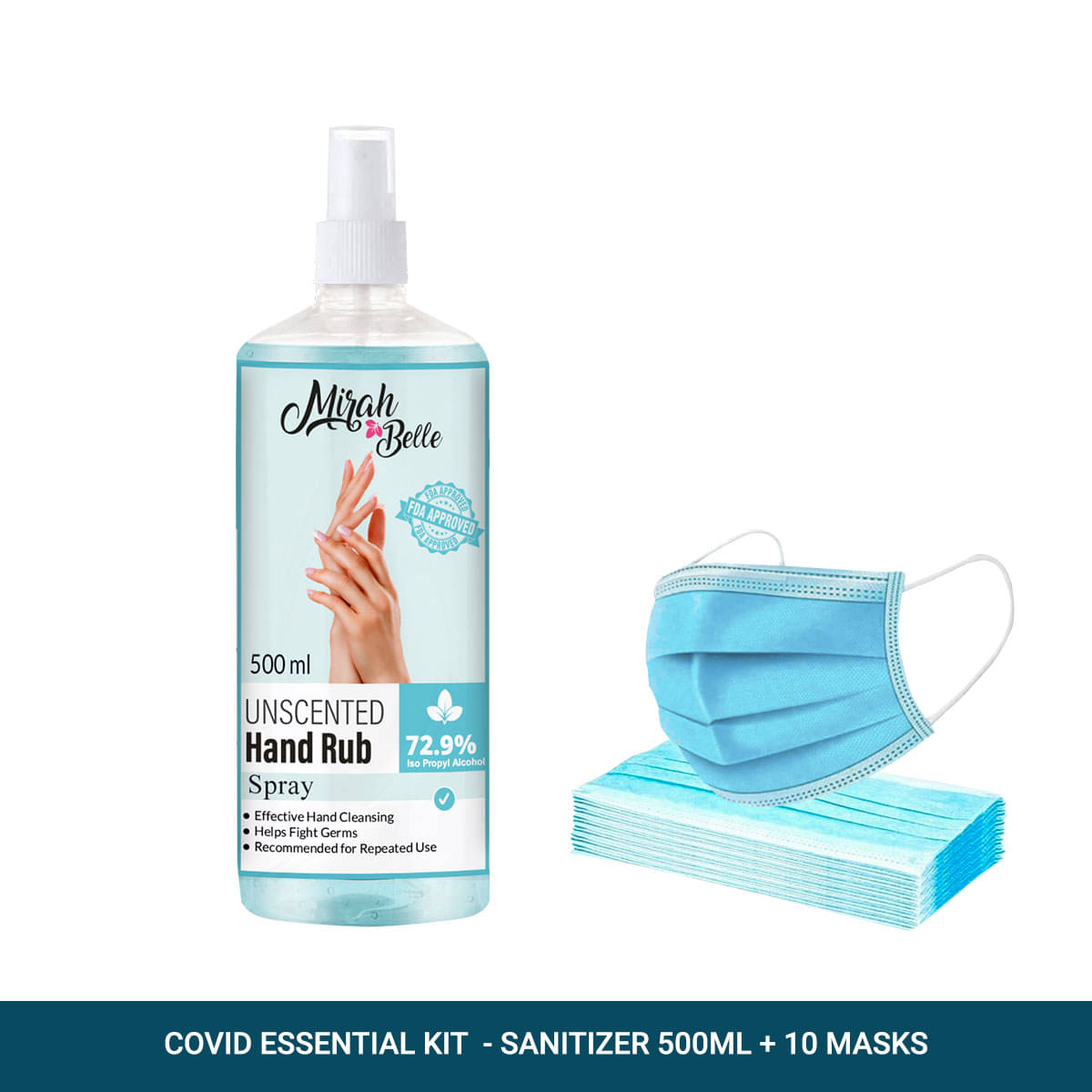     			Mirah Belle Unscented Hand Rub Spray 500ml + 10 Masks Sanitizers 500 mL Pack of 2