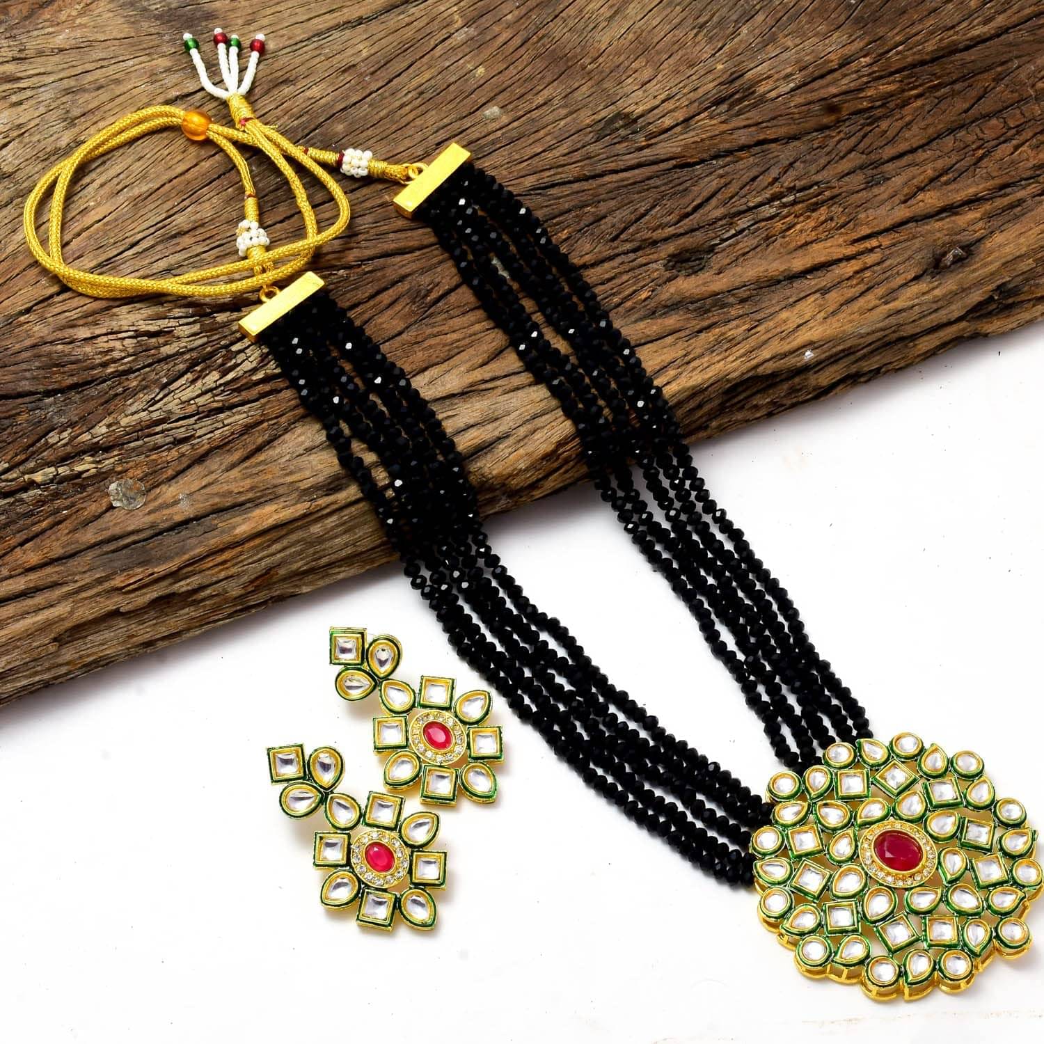     			PUJVI Alloy Black Designer Necklaces Set Long Haram