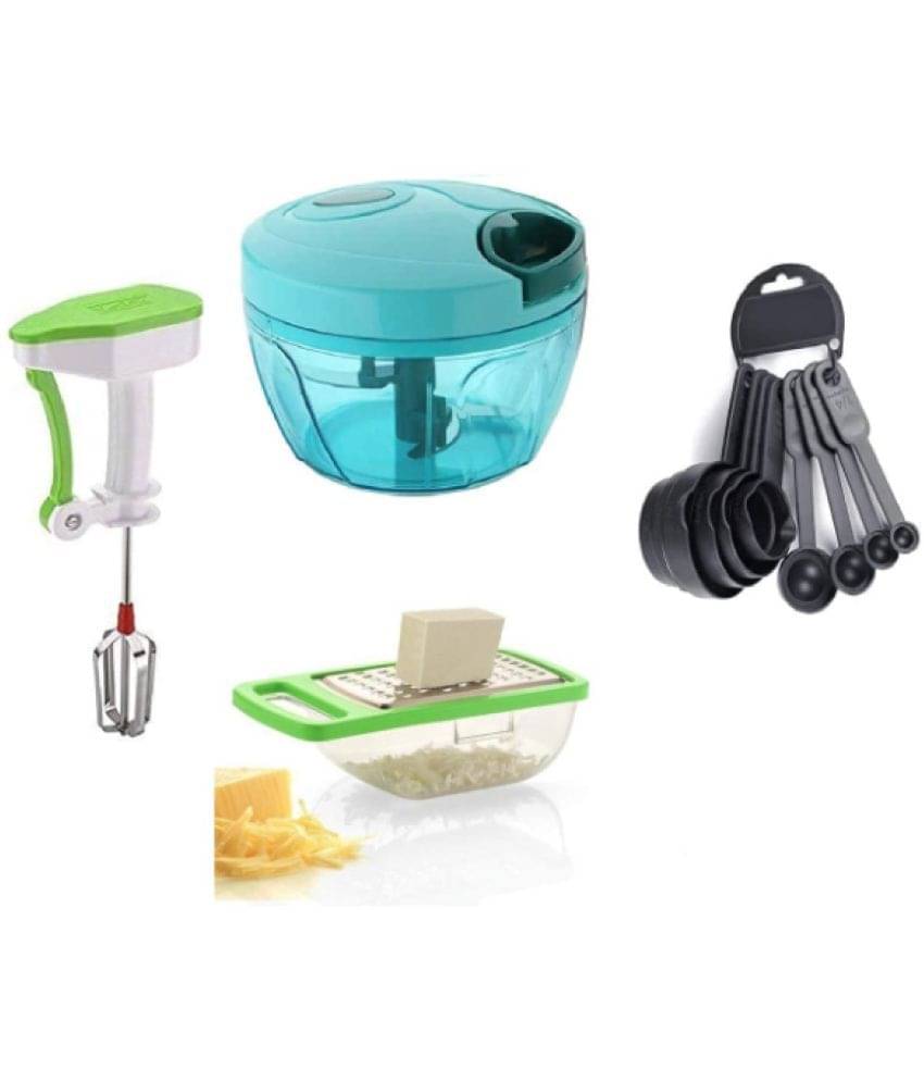 Blooms Mall Combo Handy Vegetable Plastic Chopper + Power Free Manual Hand Blender and Beater for Kitchen + Mini Cheese Garlic Ginger Grater + 8pcs Measuring Cup and Spoon Set(Multi Colour)(Combo)     			Blooms Mall Combo Handy Vegetable Plastic Chopper + Power Free Manual Hand Blender and Beater for Kitchen + Mini Cheese Garlic Ginger Grater + 8pcs Measuring Cup and Spoon Set(Multi Colour)(Combo)
