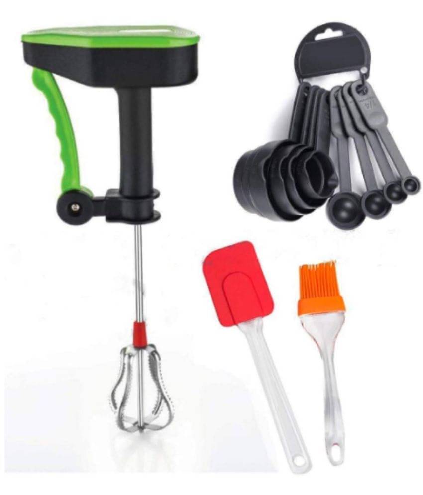     			Blooms Mall Combo Power Free Manual Hand Blender, Basting Spatula Silicon Oil Brush and 8 Pieces Measuring Spoon and Cup (Multicolor)