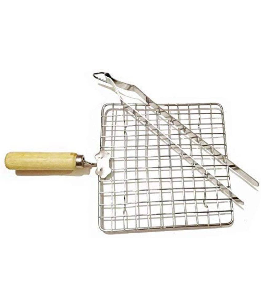     			Heavy Duty Stainless Steel Roti Jali Papad Jali with Heat Resistance Wooden Handle Cooking Turner Combo Set Steel Chimta Tandoor Grill Barbeque...
