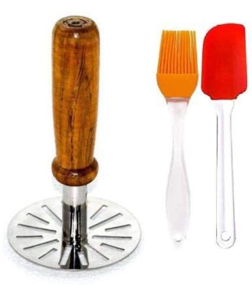     			Blooms Mall Combo of Steel Potato Masher (Wooden Handle ) and Silicon Oil Brush & Spatula