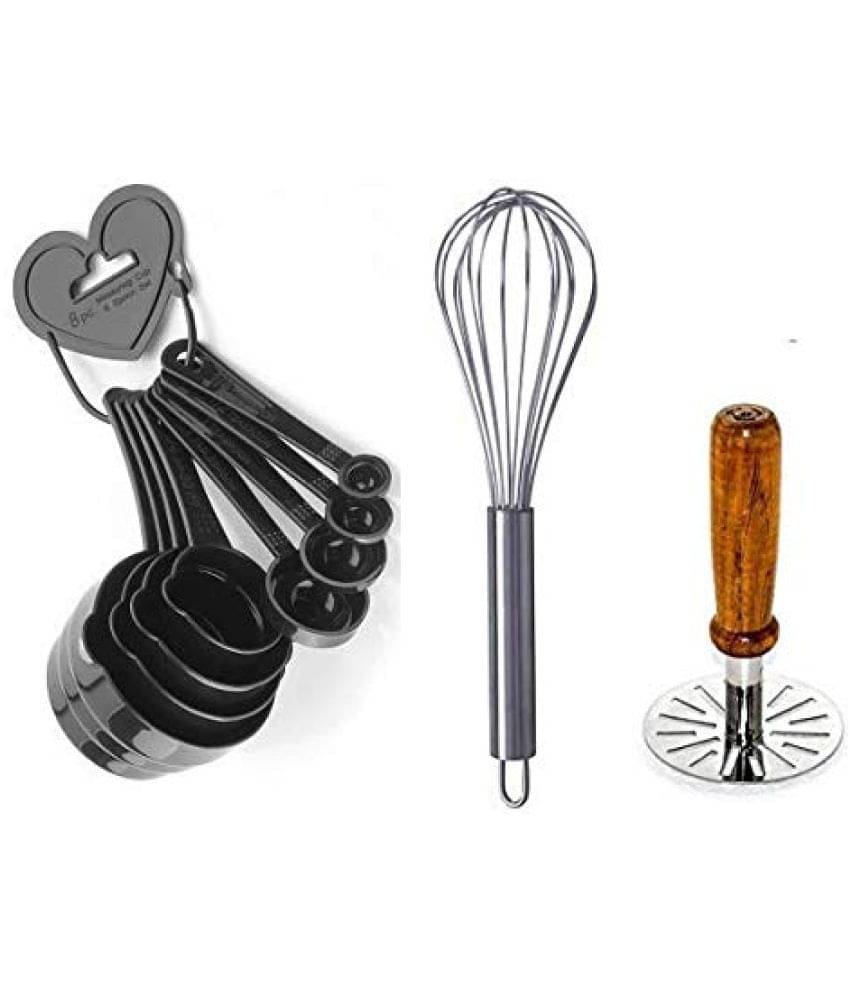 Blooms Mall Combo of 8 pcs MEASURING SPOONS AND CUPS SET+PAV BHAJI MASHER WOODEN HANDLE + STAINLESS STELL WHISKER Blooms Mall Combo of 8 pcs MEASURING SPOONS AND CUPS SET+PAV BHAJI MASHER WOODEN HANDLE + STAINLESS STELL WHISKER