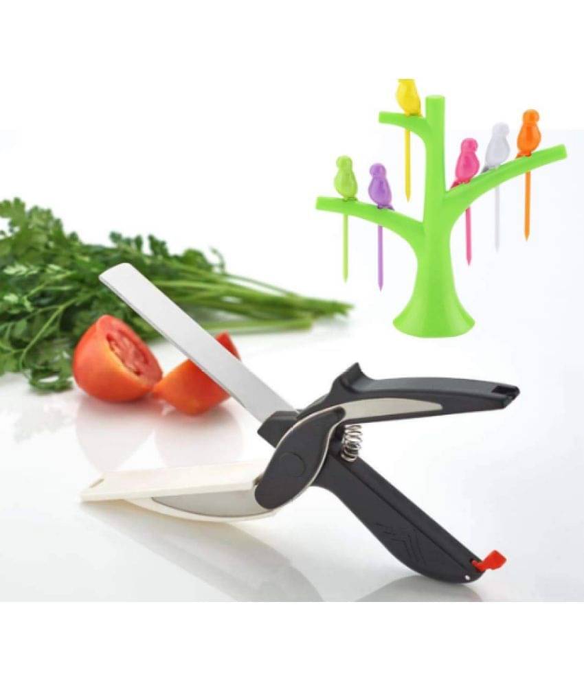     			Blooms Mall Combo of Plastic Fruit Fork Set with Stand and Vegetable Clever Cutter