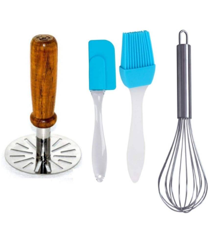     			Blooms Mall   Combo of   Silicone Spatula  & Oil Brush  and Potato Masher (Wooden handle ) + steel Whisker