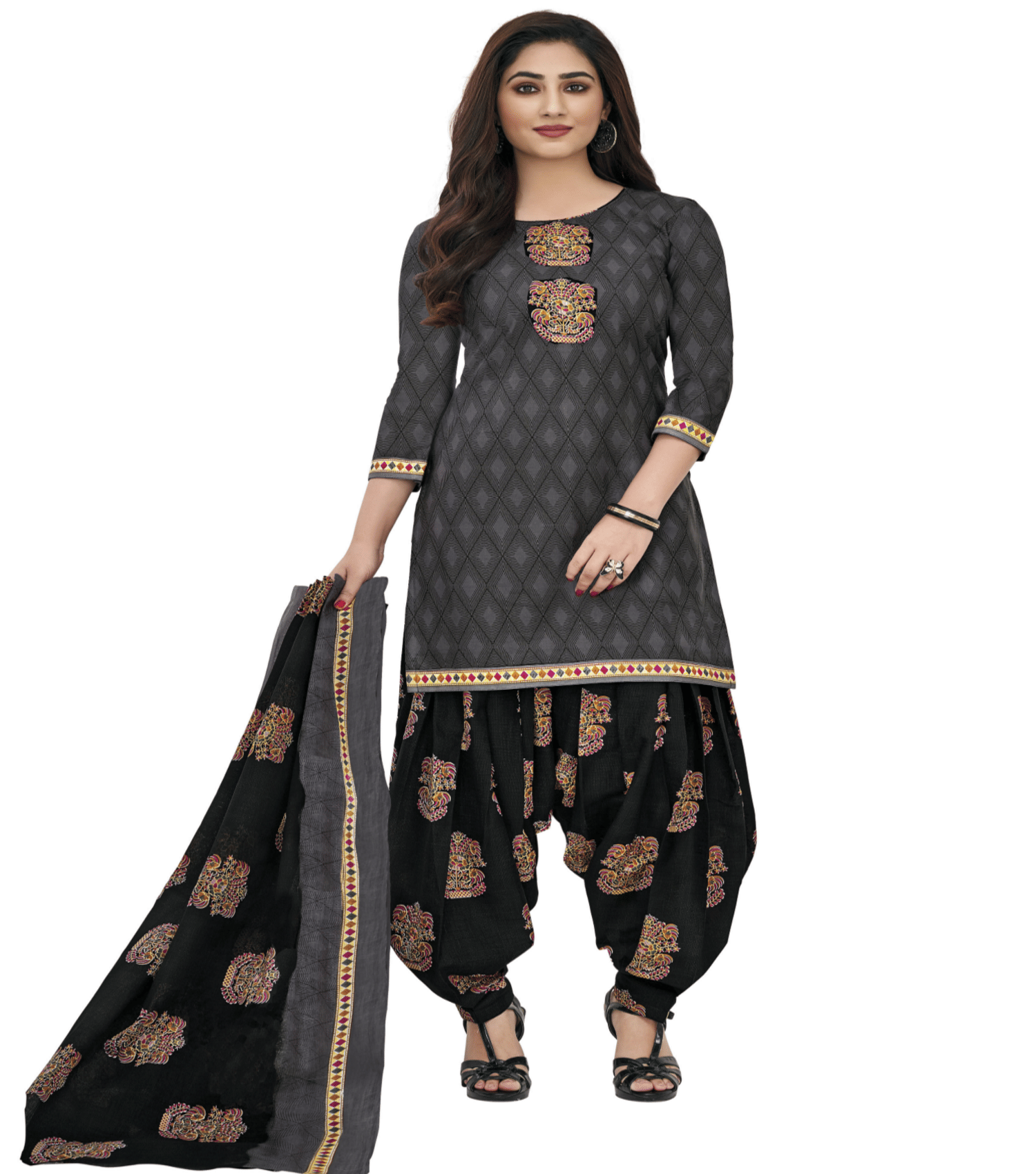 Reya Grey Crepe Unstitched Dress Material -     			Reya Grey Crepe Unstitched Dress Material -