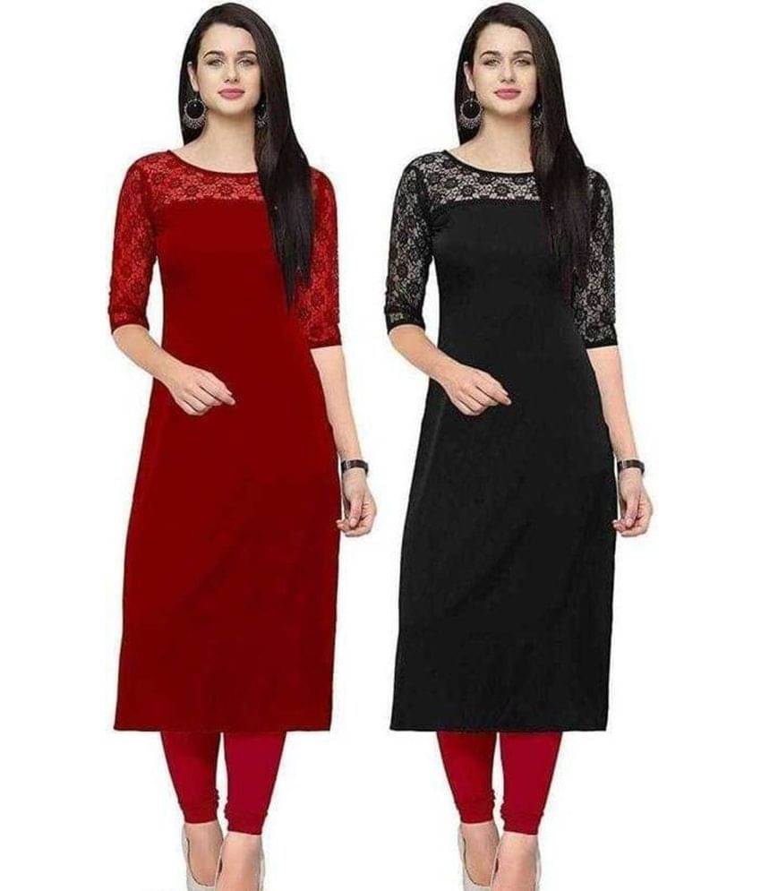     			BHAGYASHRAY Red Crepe Straight Kurti - Pack of 2